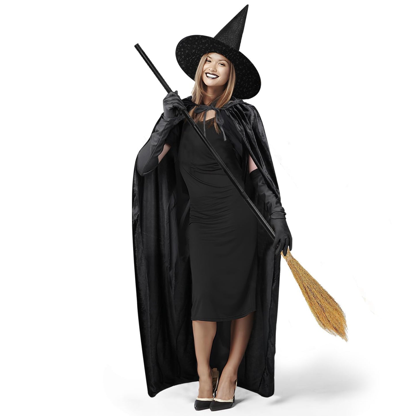 Halloween Disfraz Mujer Sombrero De Bruja Capa 170 cm Escoba Guantes Bruja Para Botella Poción Halloween Disfraz Fiesta Temática Disfraces Diablo Mujer