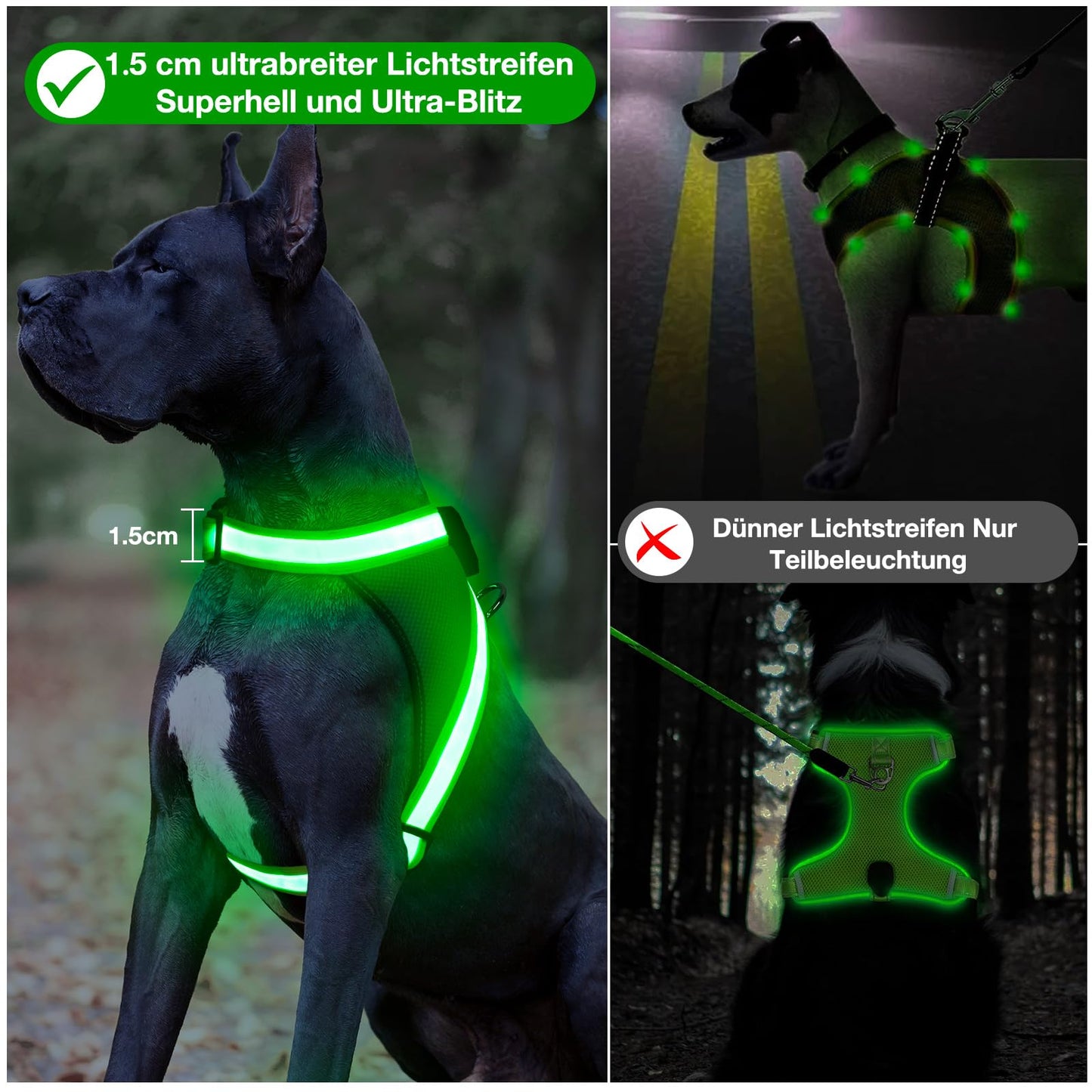 Arnés luminoso LED para perros recargable por USB, completamente iluminado, brilla en la oscuridad para paseos nocturnos, chaleco de seguridad, perros medianos y grandes (verde, L)