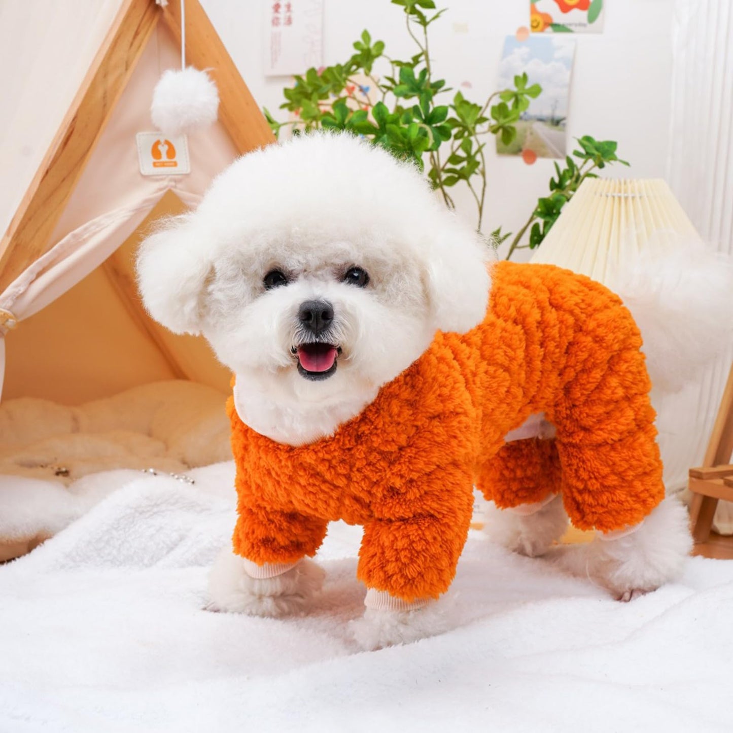 Abrigo Pijamas para Perro,Peluche de Cuatro Patas para Mascotas,Abrigo para Perros pequeños,Pijamas de Invierno para Perros Pequeños Ropa Cálida,cálido Suave para Mascotas (Naranja, L)