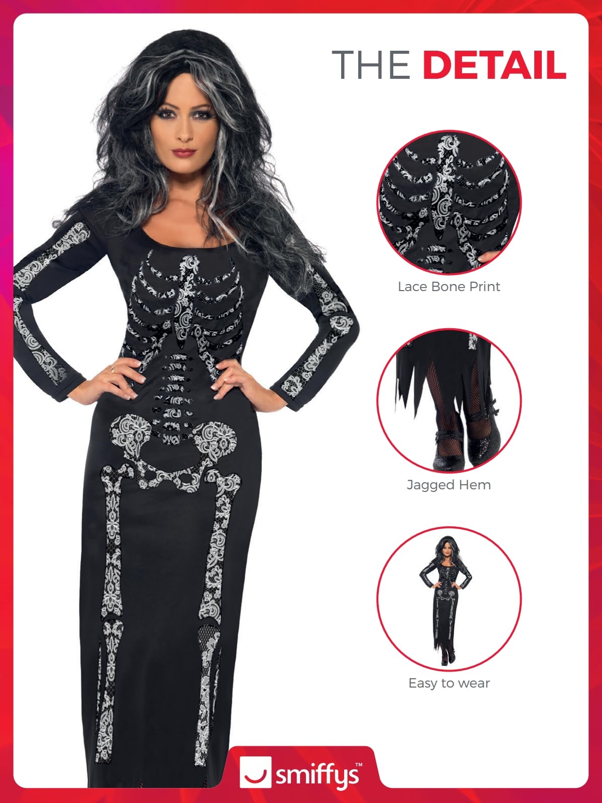 Disfraz de esqueleto, Negro, con vestido ceñido de manga larga Halloween