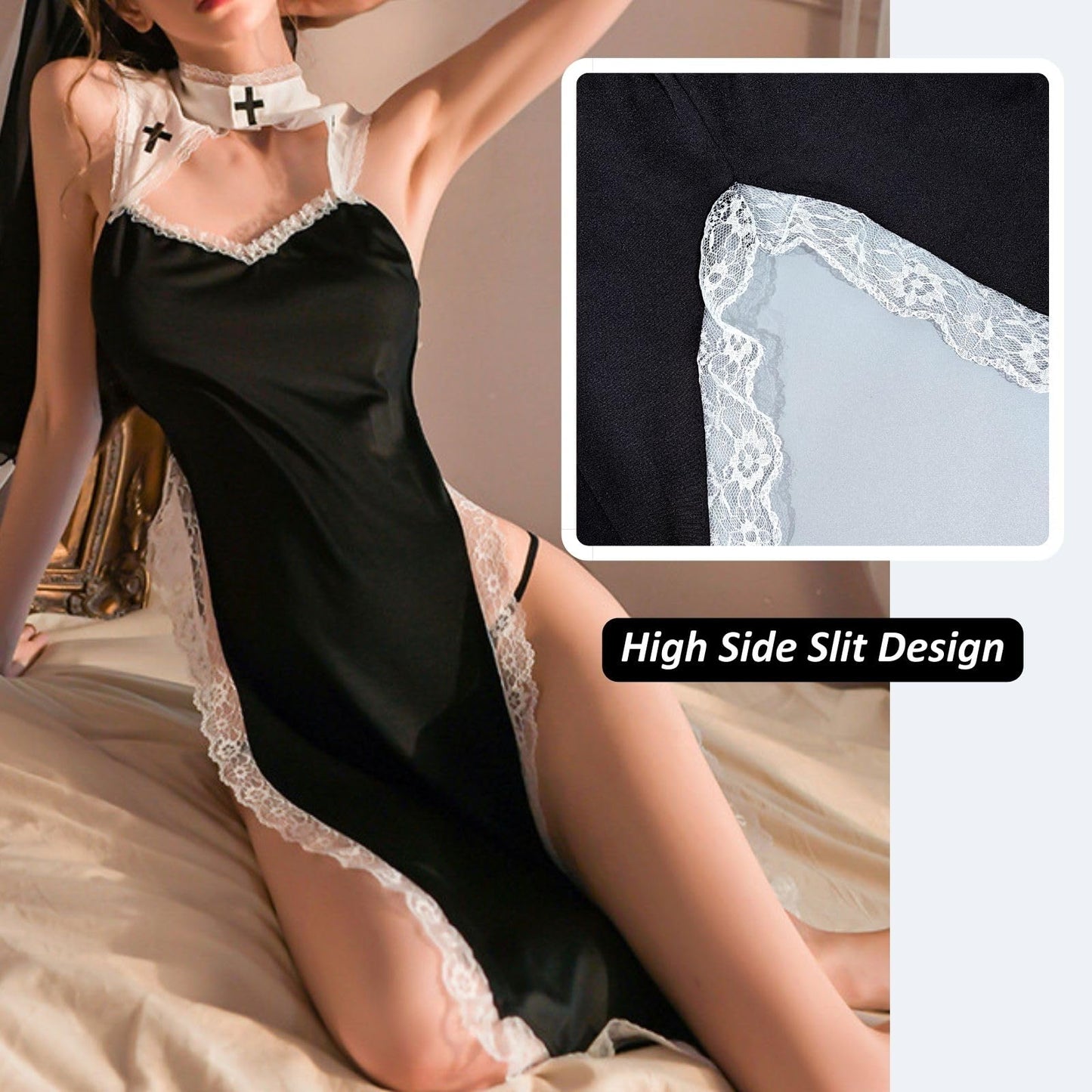 Disfraz de Monja Sexy Mujer Lencería Cosplay Vestido Ajustado de Cuero Abertura Alta, Ropa Interior Monja Uniforme Anime Juego de Rol Diabólico Hot Pijama Babydoll Halloween Fiesta Carnaval (Negro1)