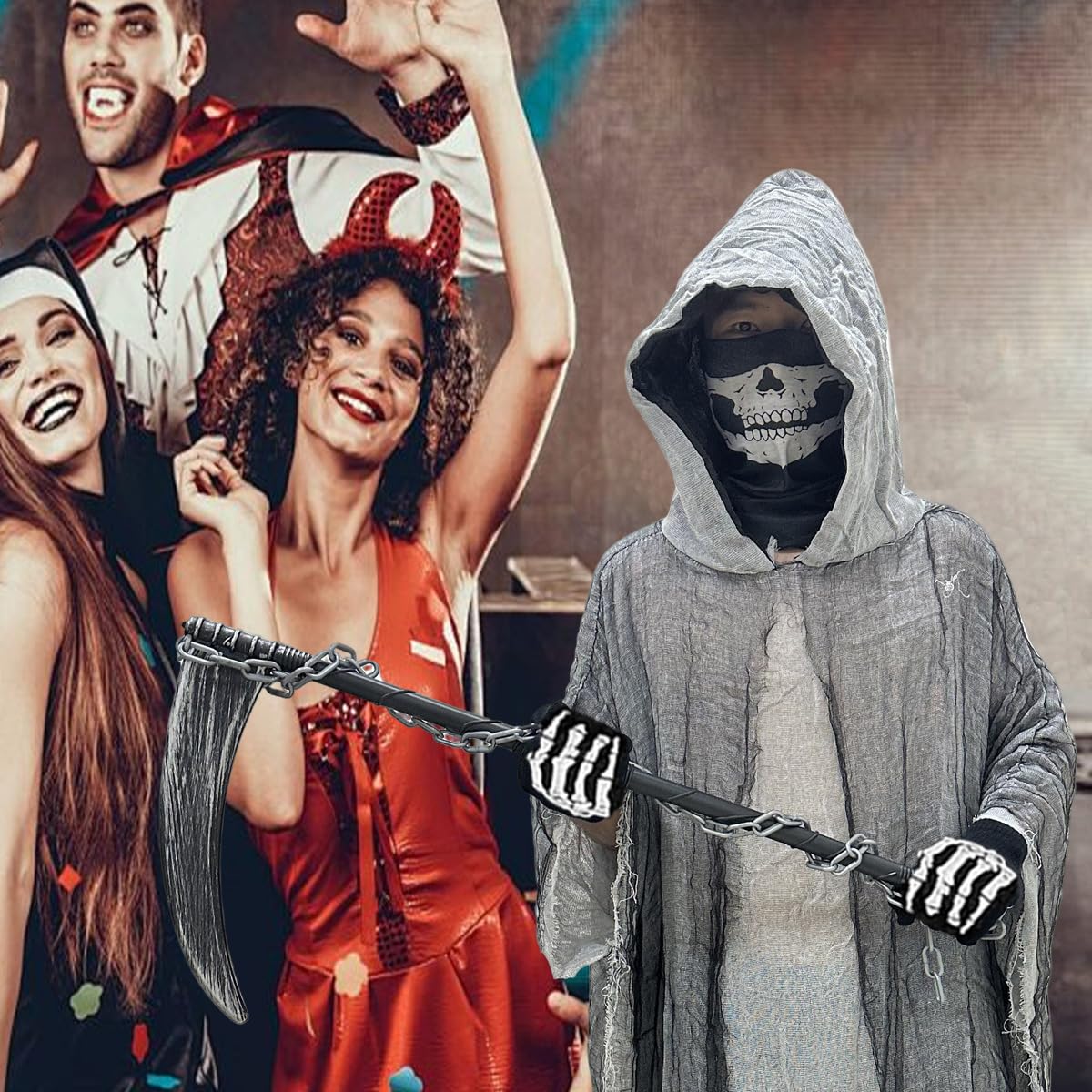 Disfraz de Parca,Disfraz de Parca para Halloween,Halloween Disfraz de Segador,Máscara de Esqueleto, Guantes y Hoz,Cadena,Ideal para Fiesta de Halloween, Carnaval y Cosplay (Gris)