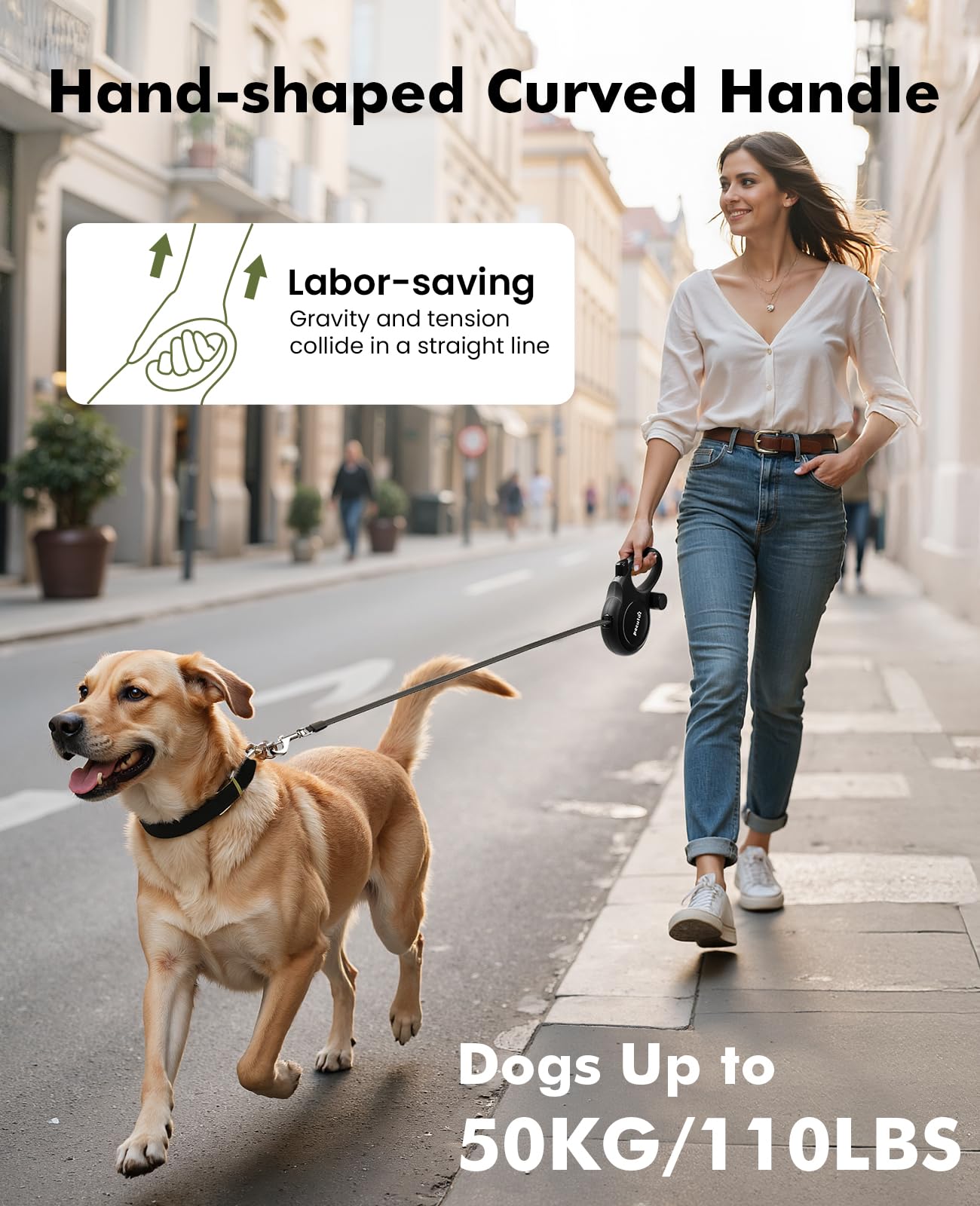 Correa Perro Extensible 8 Metros, Correa Larga Perro para 15-50 kg, 360° Antienredos,con Bolsas Higiénicas y Portabolsa|Paseo de Perros, Entrenamiento, días de Iluvia, Negro