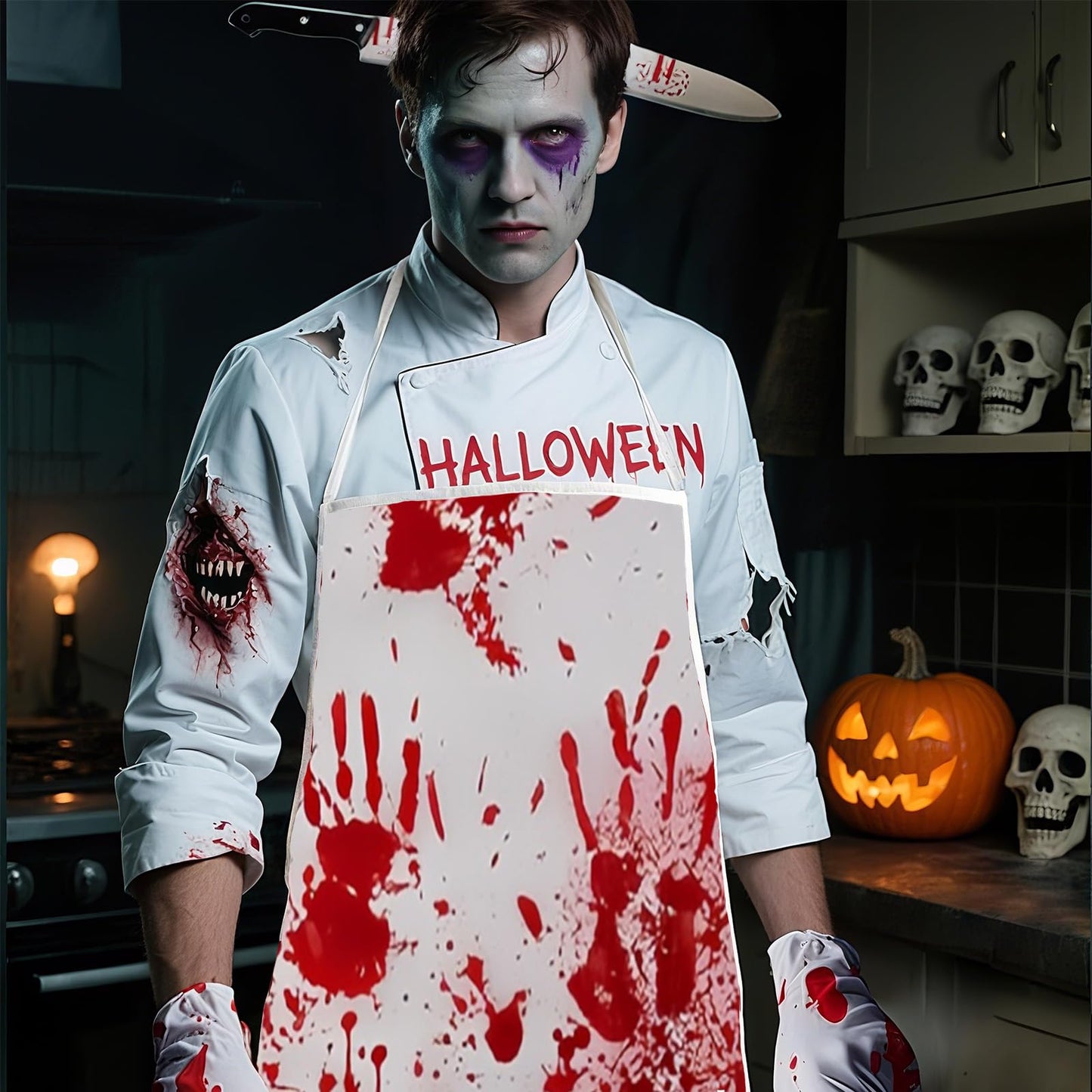 Disfraz 5 Piezas Halloween Hombre Adulto, Ensangrentado Disfraces Terroríficos para Halloween con Delantal Halloween Cuchillo Falsos Máscara Diadema Cuchillo para Adultos Cosplay Fotos Fiesta