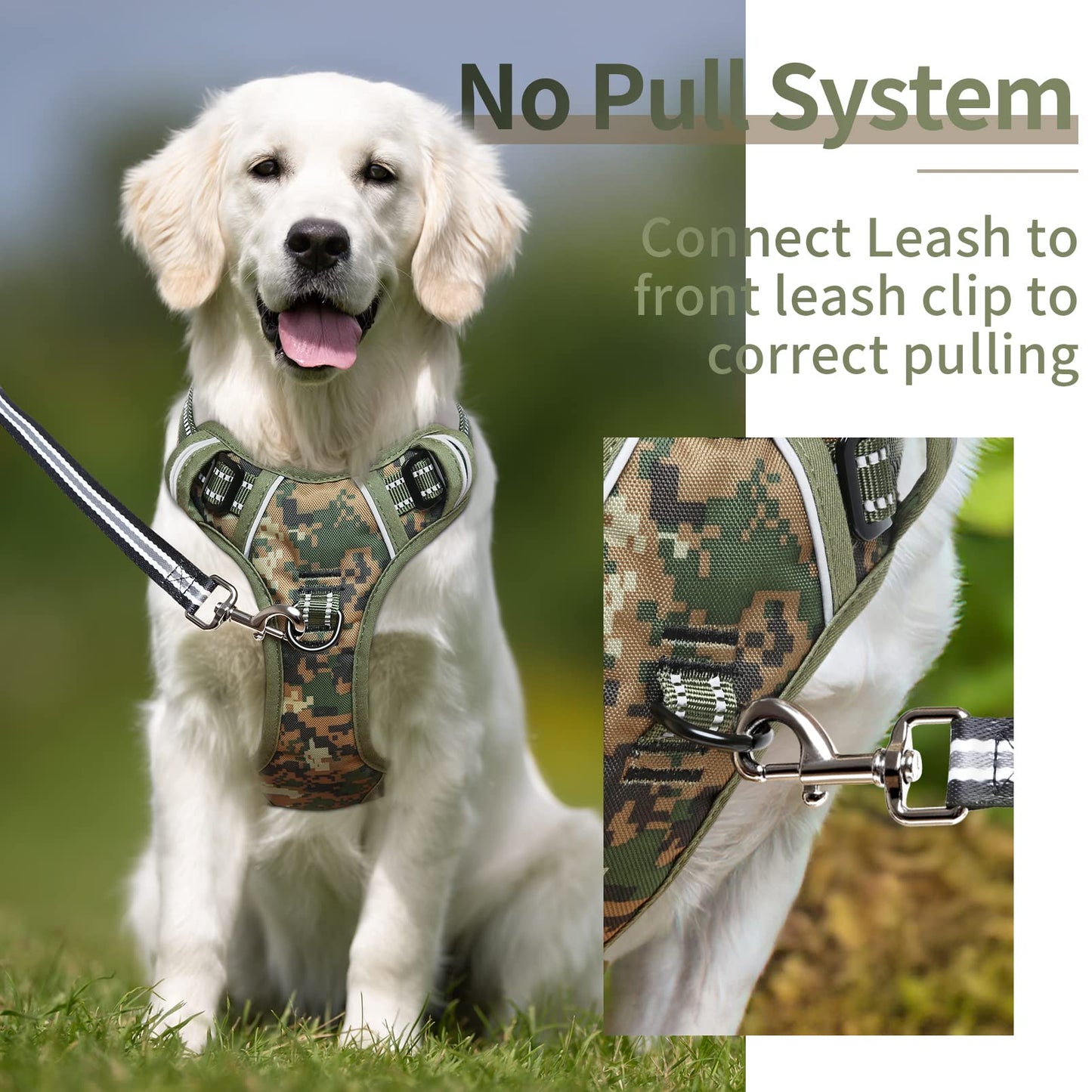 Arnés para Perro Tipo Chaleco Transpirable Acolchado Ajustable Antitirones Reflectante Arnes Perro Grande para Adiestramiento Correr, Camuflaje Verde, XL