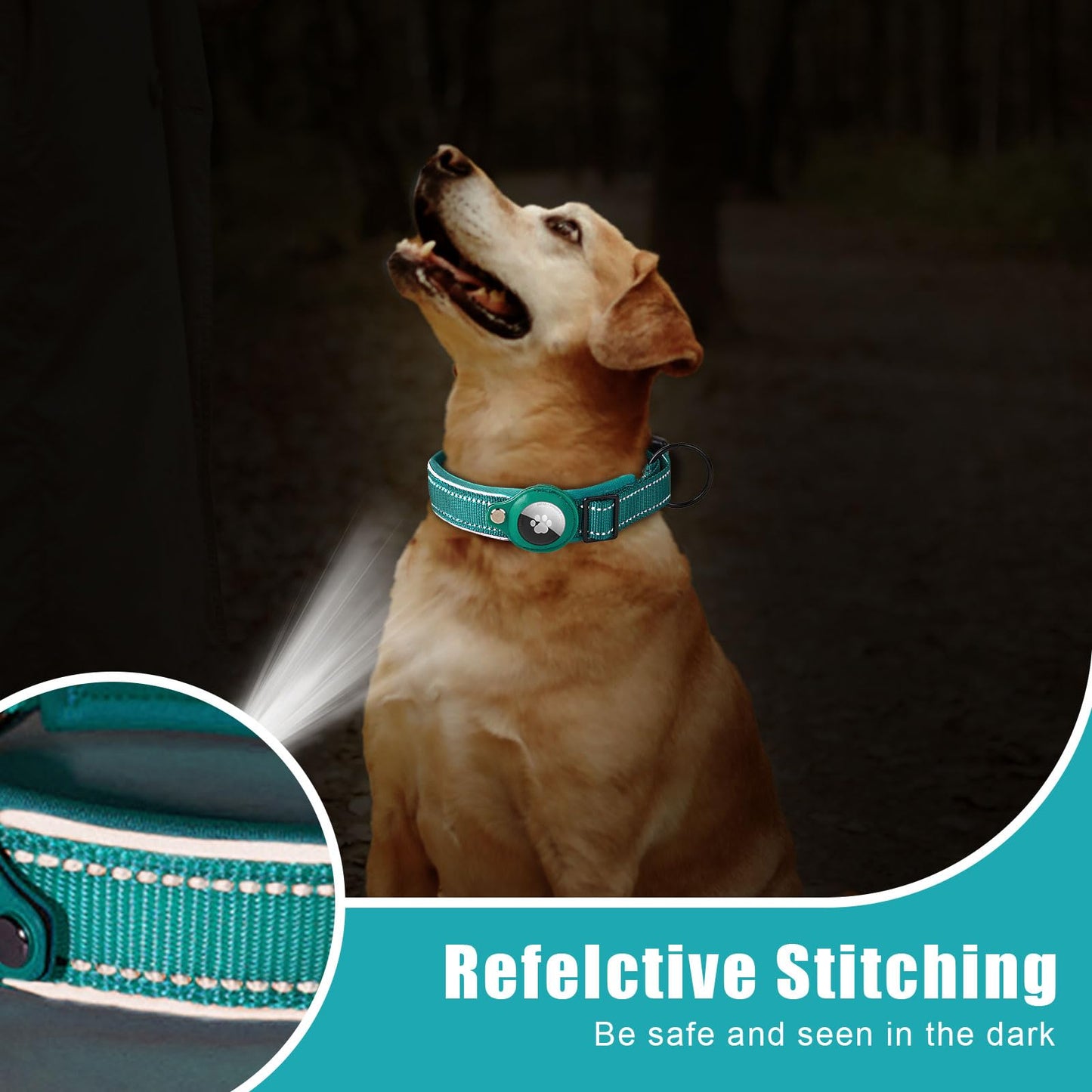Collar de Perro, Reflectante Collar Perro Acolchado para Apple AirTag, Ajustable Táctico Nailon Collar Perro para Perros Pequeño, Mediano y Grande (Cian, S)
