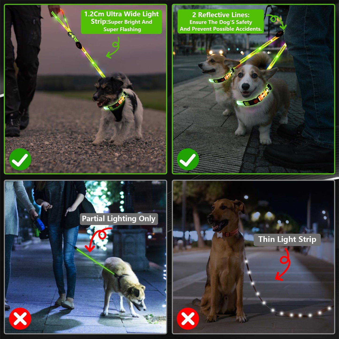Collar Luminoso Perro de Mascota, Collar Perro Luz Impermeable con 3 Modos de Luz, Correa para Perros 1.2m, Collar Correa Perro LED Recargable por USB Tamaño Ajustable, para Perros Pequeños Medianos