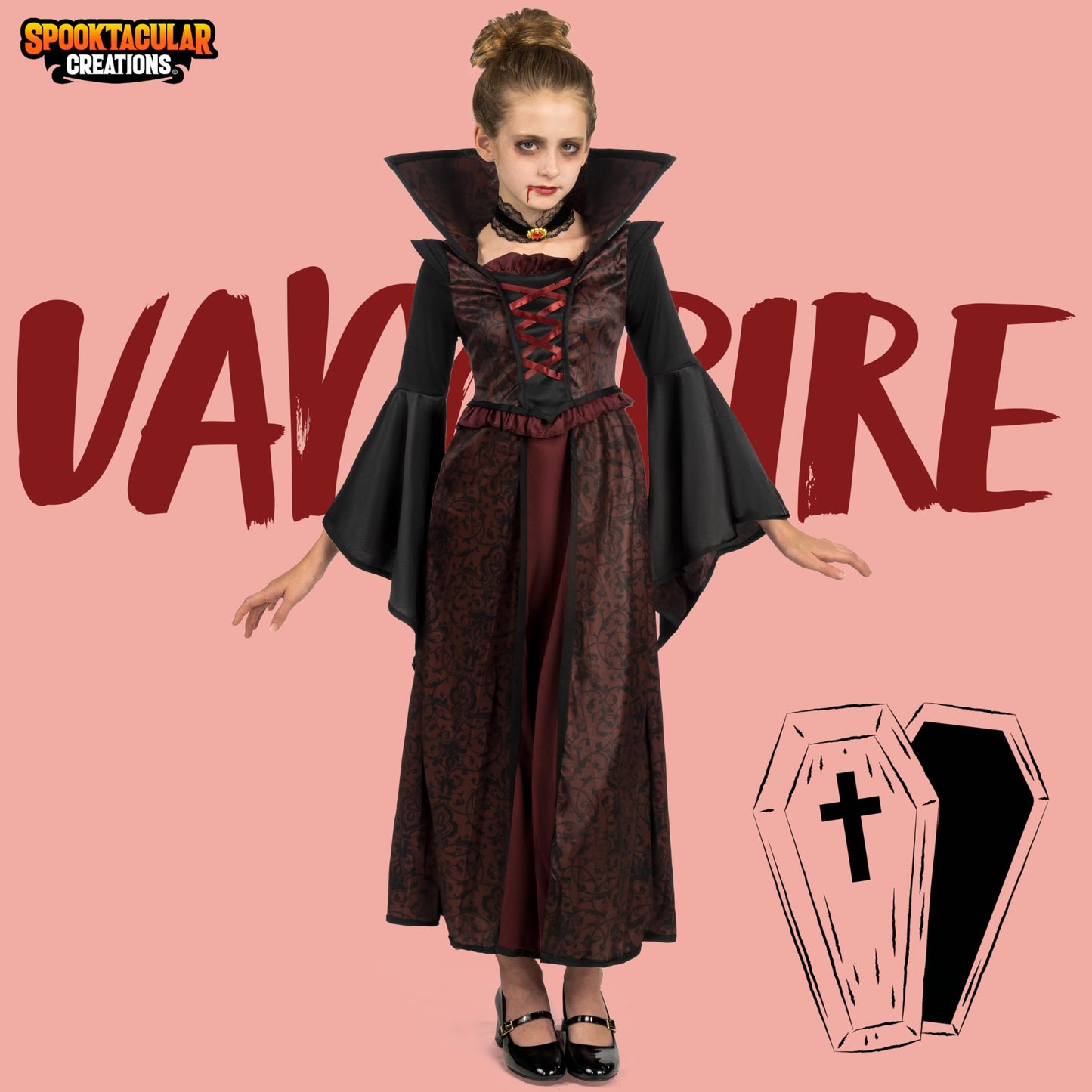 Spooktacular Creations Royal Vampire Costume Set for Girls Halloween Dress Up Party, Role-Playing, Carnival Cosplay, Vampire-Themed Party (Small (5 – 7 yrs))
