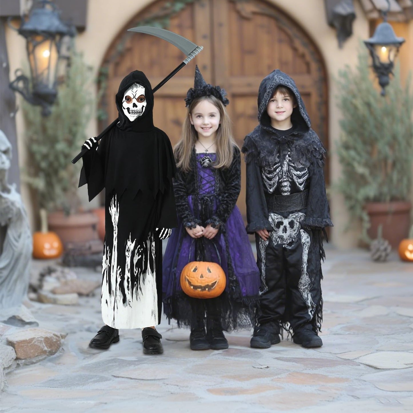 AEYAKA Disfraz Infantil Grim Reaper que Brilla en la Oscuridad, Capucha Negra con Máscara de Calavera, Guantes, Guadaña para Niños Niñas, Traje de Fantasma Terrorífico Cosplay Halloween Regalos S
