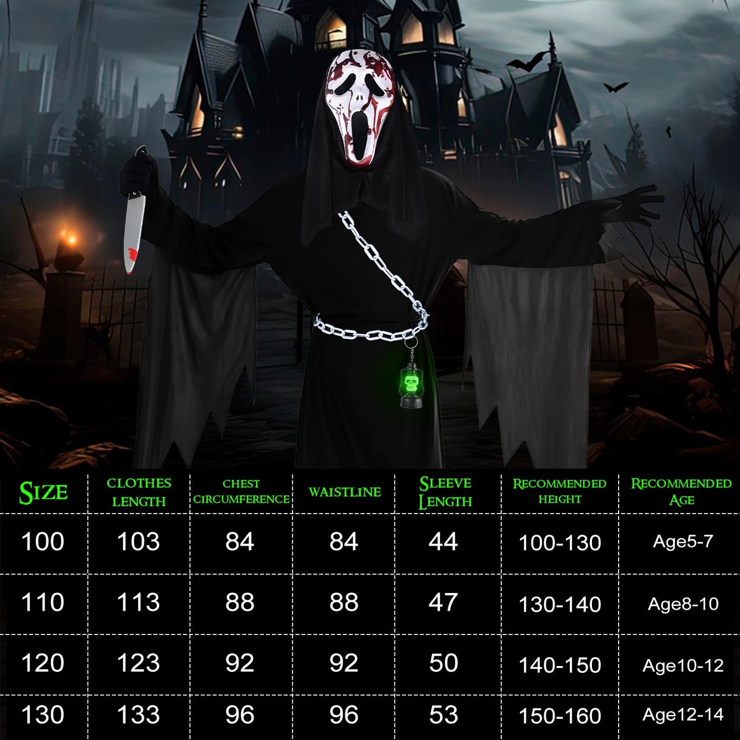 Disfraz Scream para Niños Halloween Scream Costume con Máscara Ghostface y Cuchillo de Juguete Sangriento, Disfraces Halloween de la Película de Terror (100)