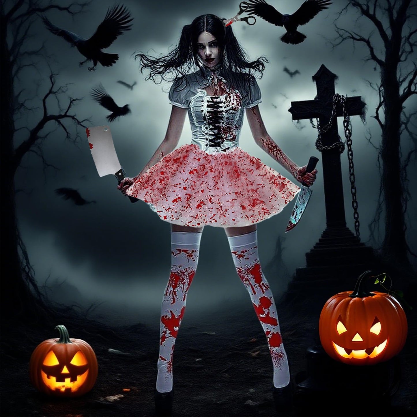 AEYAKA Disfraz de Enfermera Zombi Mujer – Falda Tutu Ensangrentada, Medias, Guantes, Diadema con Tijeras, Machete & Tatuajes – Traje de Terror para Fiesta de Halloween y Cosplay Adulto