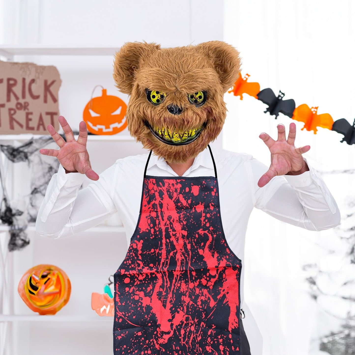 Disfraz Halloween Oso del Terror Disfraces, Disfraz de Oso de Terror, Mascara Halloween Oso, Delantal Sangriento, Sangre Falsa, Cuchillo, Guantes y Tatuaje de Cicatriz de Halloween Pegatinas