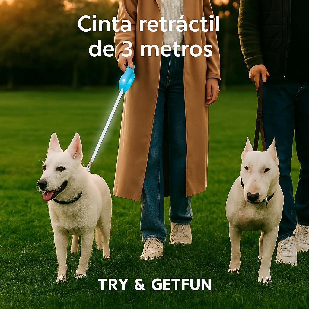 Correa Retráctil para Perro con Linterna LED – TRY & GETFUN – Extensible 3 m, hasta 50 kg, Seguridad Nocturna, Correa Perro Grande, Mediano y Pequeño