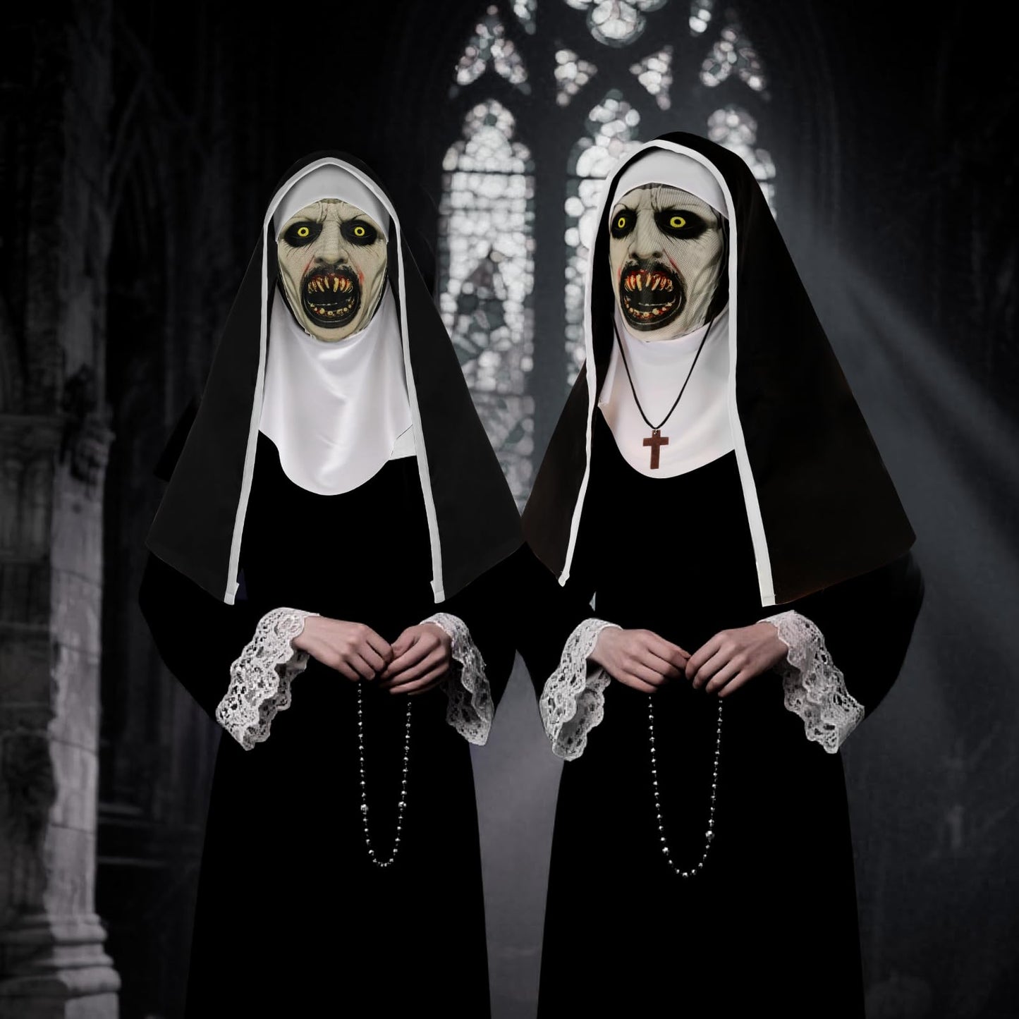 Disfraz 3Pcs Decoración de Fiestas de Halloween Máscara Horror Terror Colmillos Máscara de Monja Mask con Collar con Cruz Capa Malla Transpirable para Cosplay Disfraz Fiesta Carnaval