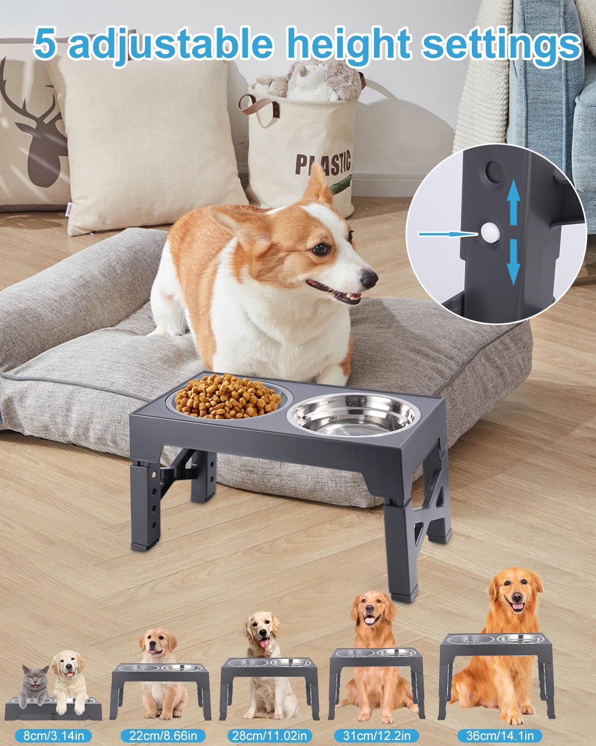 Toaren Comedero Elevado para Perro - 5 Alturas Ajustables, 2 Cuencos de Acero Inoxidable, Antivoracidad - para Perros Pequeños, Medianos y Grandes