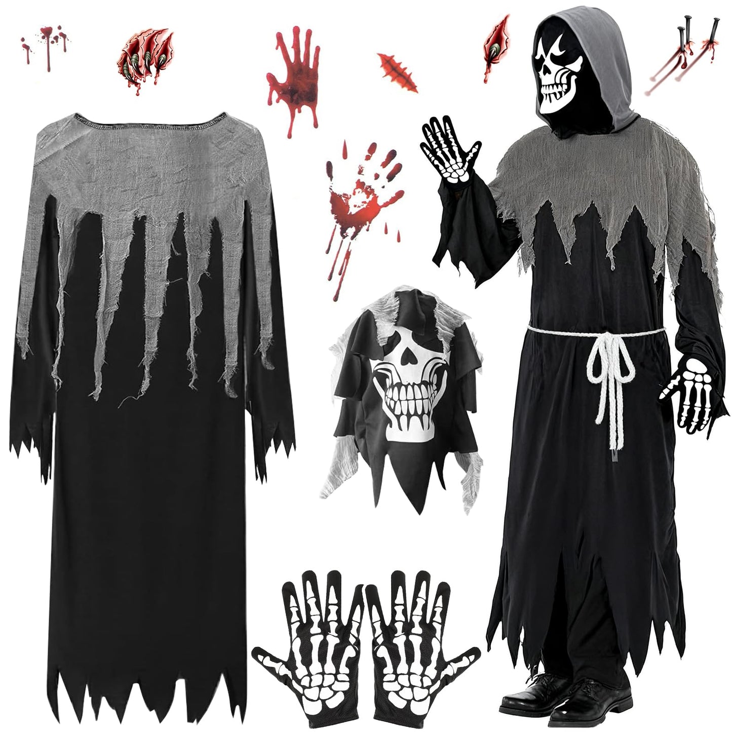 Disfraz Halloween De Adulto, Disfraces Costume Con Máscara De Calavera, Guantes, Disfraz Fantasma Adulto Con 30 Pegatinas Tatuaje Para Fiesta De Halloween y 165-185cm(XL)