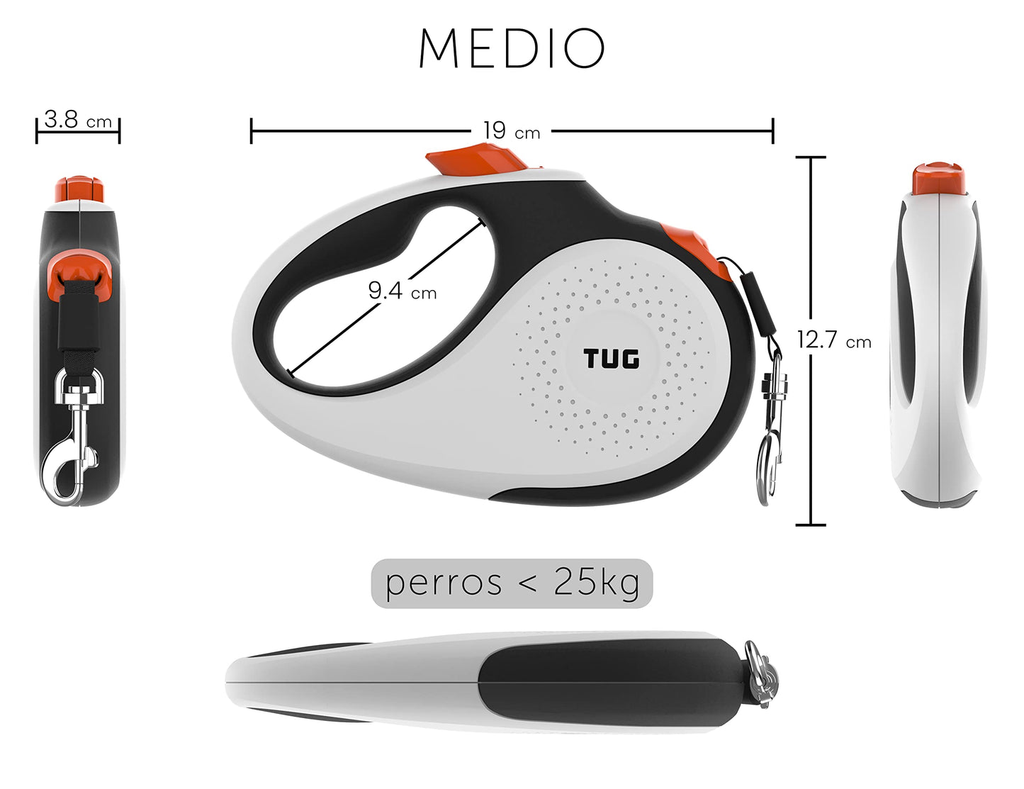 TUG 360° Sin Enredos Correa Perro Extensible | Retráctil de 5 Metros Cinta de Nailon (Medio, Blanco/Naranja)