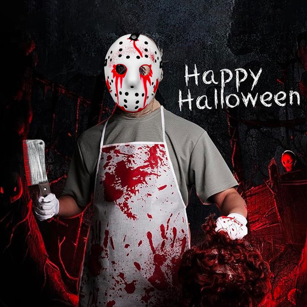 Disfraz de Carnicero de Halloween, Asesino en Serie Disfraces, Disfraces Halloween, Máscara de Asesino Sangriento, Delantal Sangriento, Cuchillo Sangriento, Pegatinas Cicatriciales, Guantes de algodón