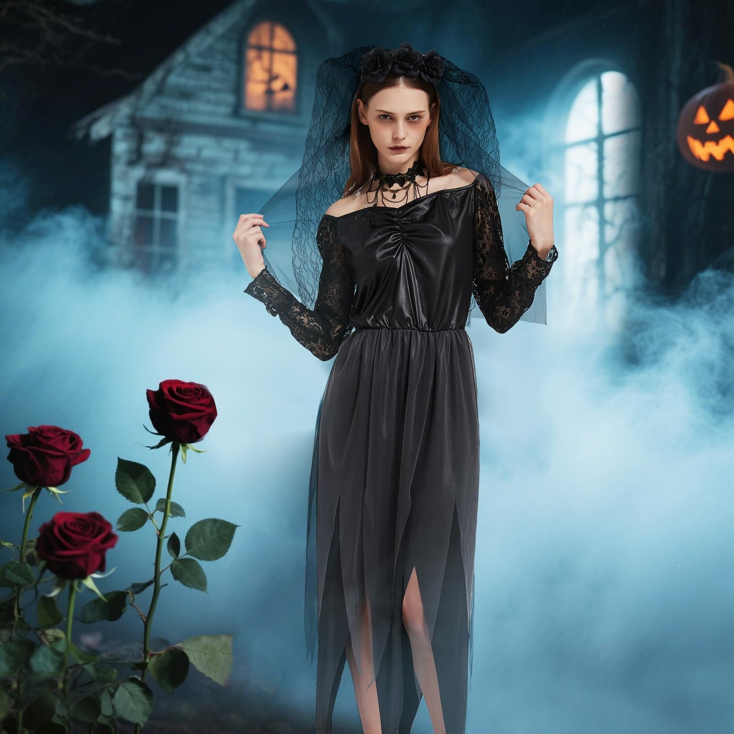 Disfraz de Novia Zombie Mujer, Disfraz de Novia Cadaver, Vestido de Novias Fantasma con Velo y Collar, Vestido Halloween de Mujer, Traje Novias Muerta para Halloween Carnaval Cosplay (M)