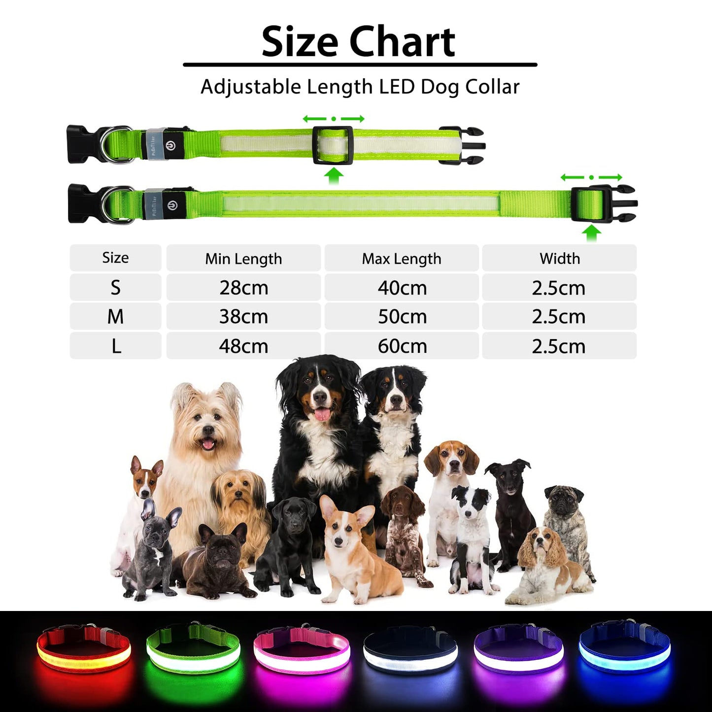 PcEoTllar Collar Luz para Perro Recargable, Collar LED Impermeable con 7 Colores Ajustable para Perros Pequeños, Medianos y Grandes