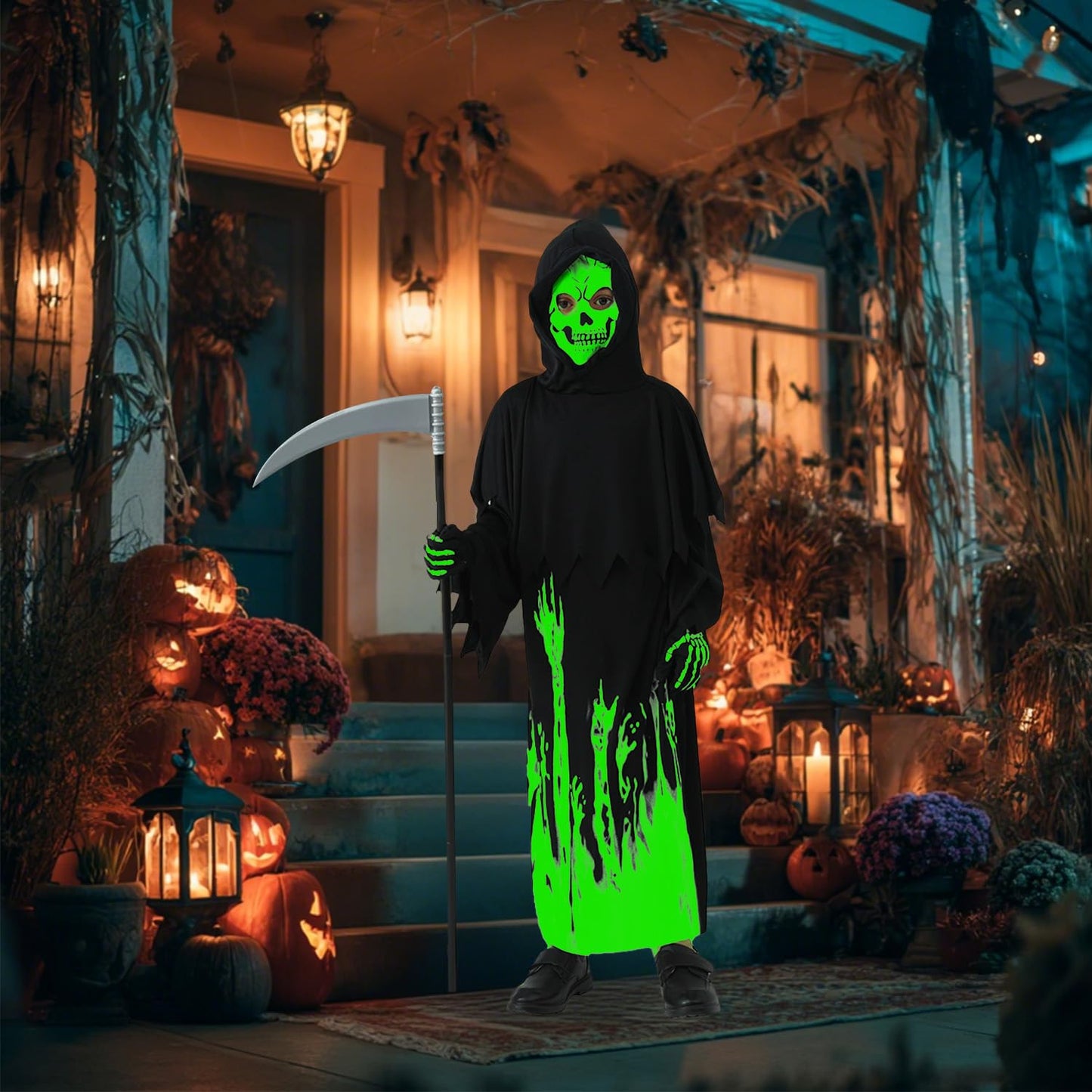 AEYAKA Disfraz Infantil Grim Reaper que Brilla en la Oscuridad, Capucha Negra con Máscara de Calavera, Guantes, Guadaña para Niños Niñas, Traje de Fantasma Terrorífico Cosplay Halloween Regalos S