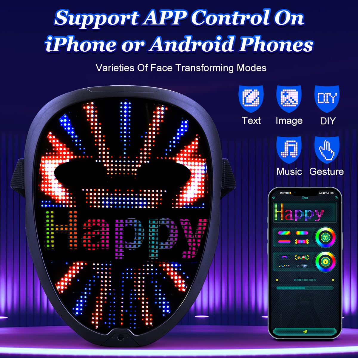 Máscara Facial LED Luminosa, Máscara LED Recargable Con Modos De Transformación Facial Con Detección De Gestos, Soporte De Control APP Para iOS Android, Adecuada Para Disfraces De Cosplay Halloween