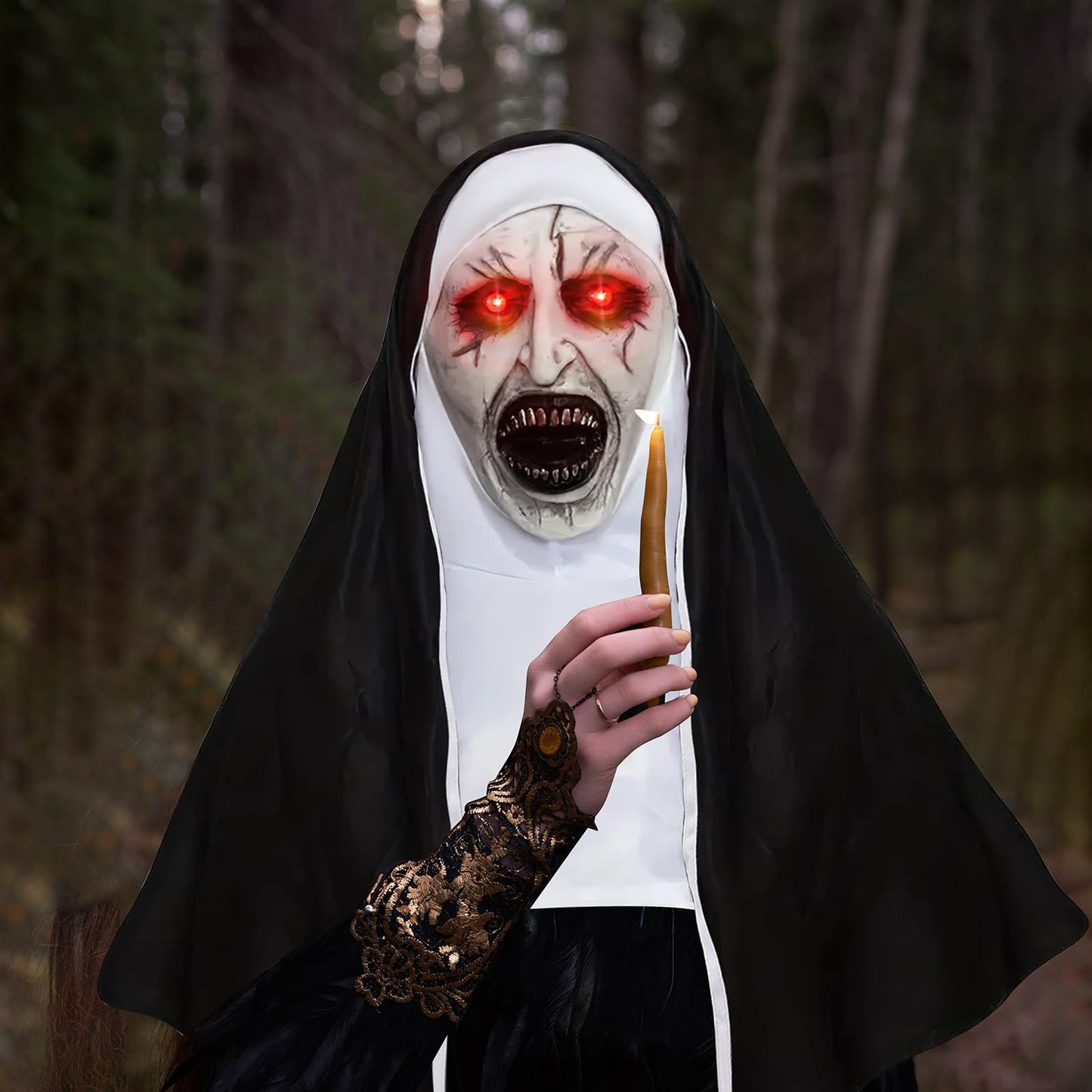 Disfraz Mascara la Monja, Mascara de la Monja Terror con Luz Roja, Mascara Latex Halloween, Adulto, Accesorios de Disfraz de Fiesta Cosplay de Halloween
