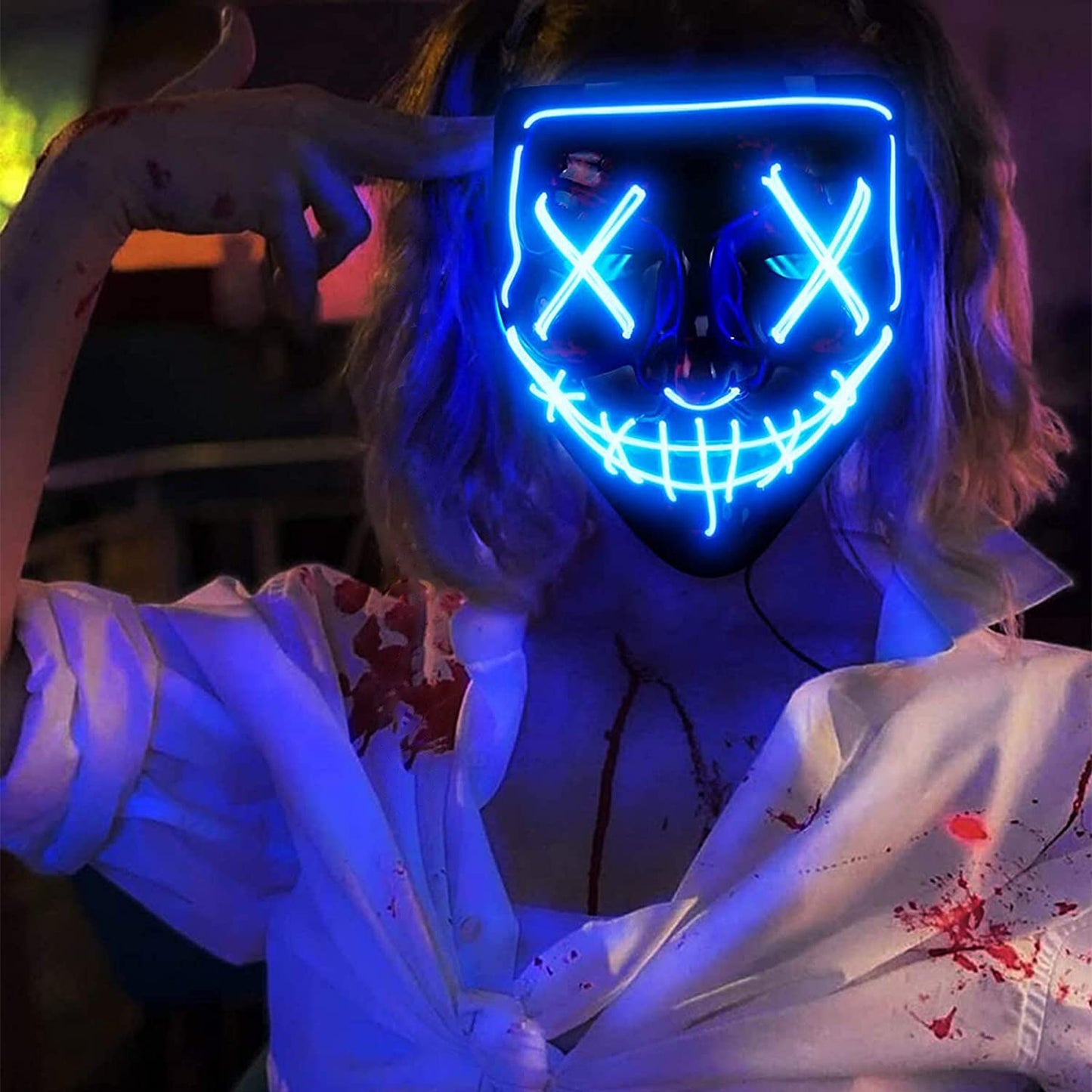 DWTECH – Máscara de miedo de alambre con luz LED, para mascarada Cosplay, máscara facial para niños, hombres, mujeres, fiesta de Halloween (Azul)