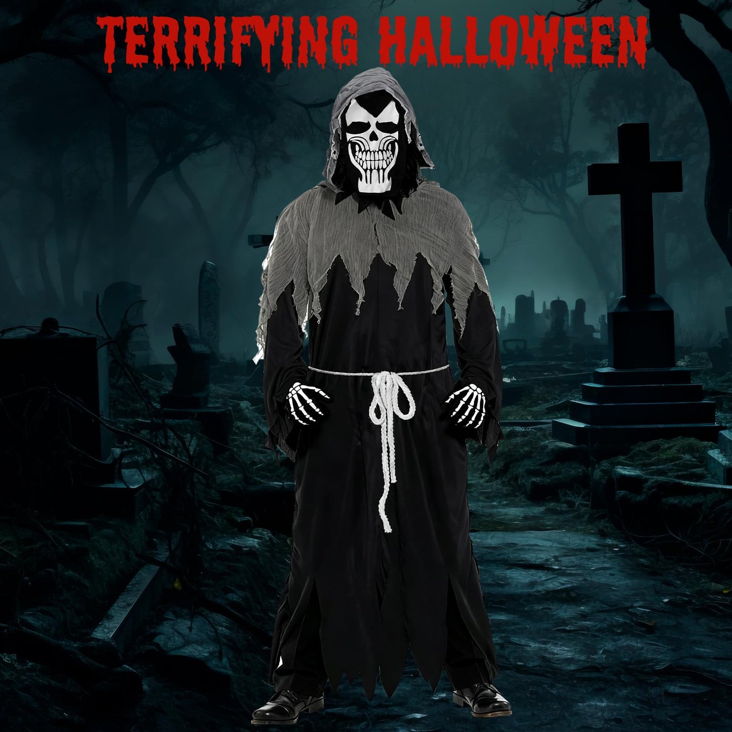 Disfraz Halloween De Adulto, Disfraces Costume Con Máscara De Calavera, Guantes, Disfraz Fantasma Adulto Con 30 Pegatinas Tatuaje Para Fiesta De Halloween y 165-185cm(XL)