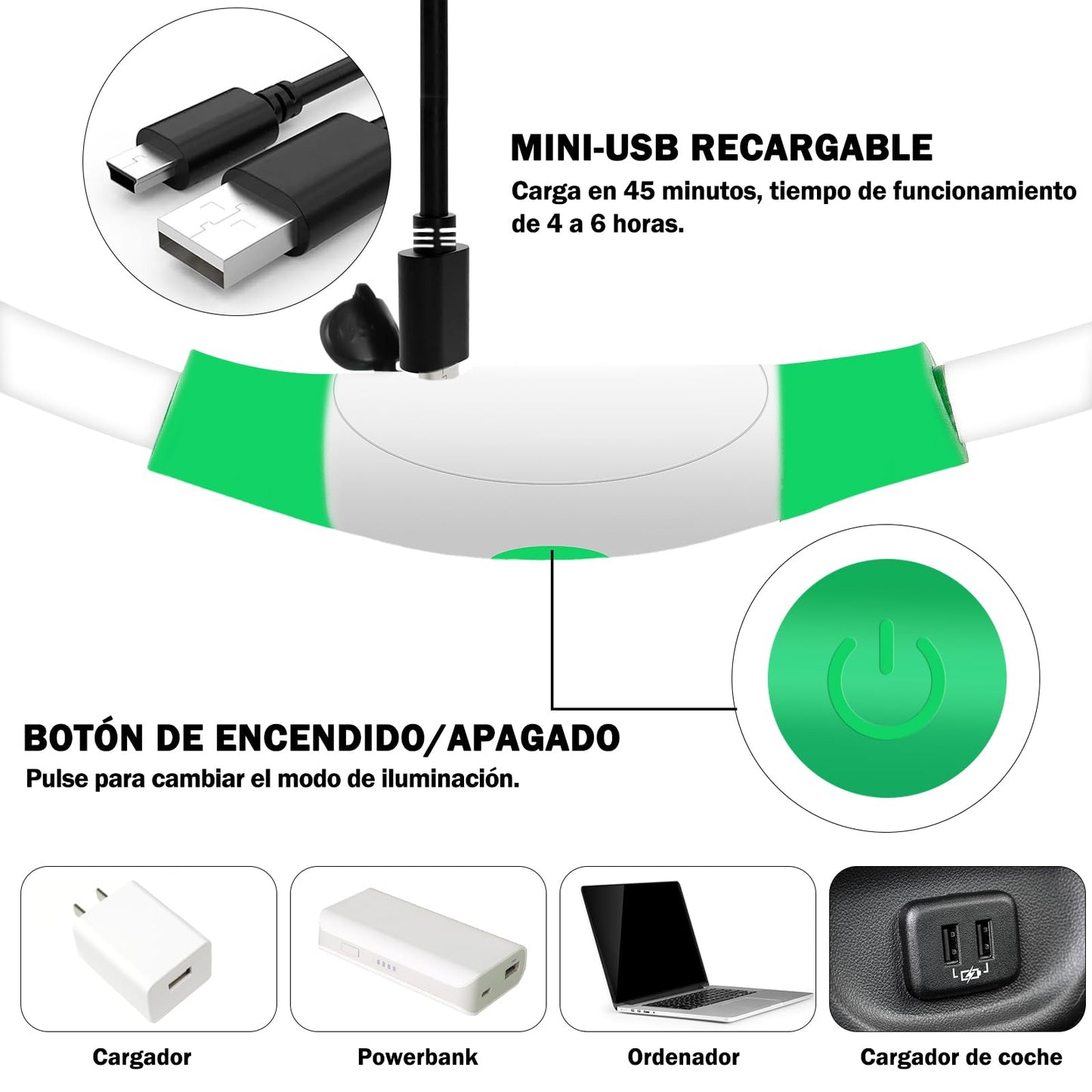 Collar Luminoso Perro Recargable - 3 Modos Collar Perro Luz con Impermeable, Ajustable Collares LED para Perros Pequeños/Medianos/Grandes, Verde