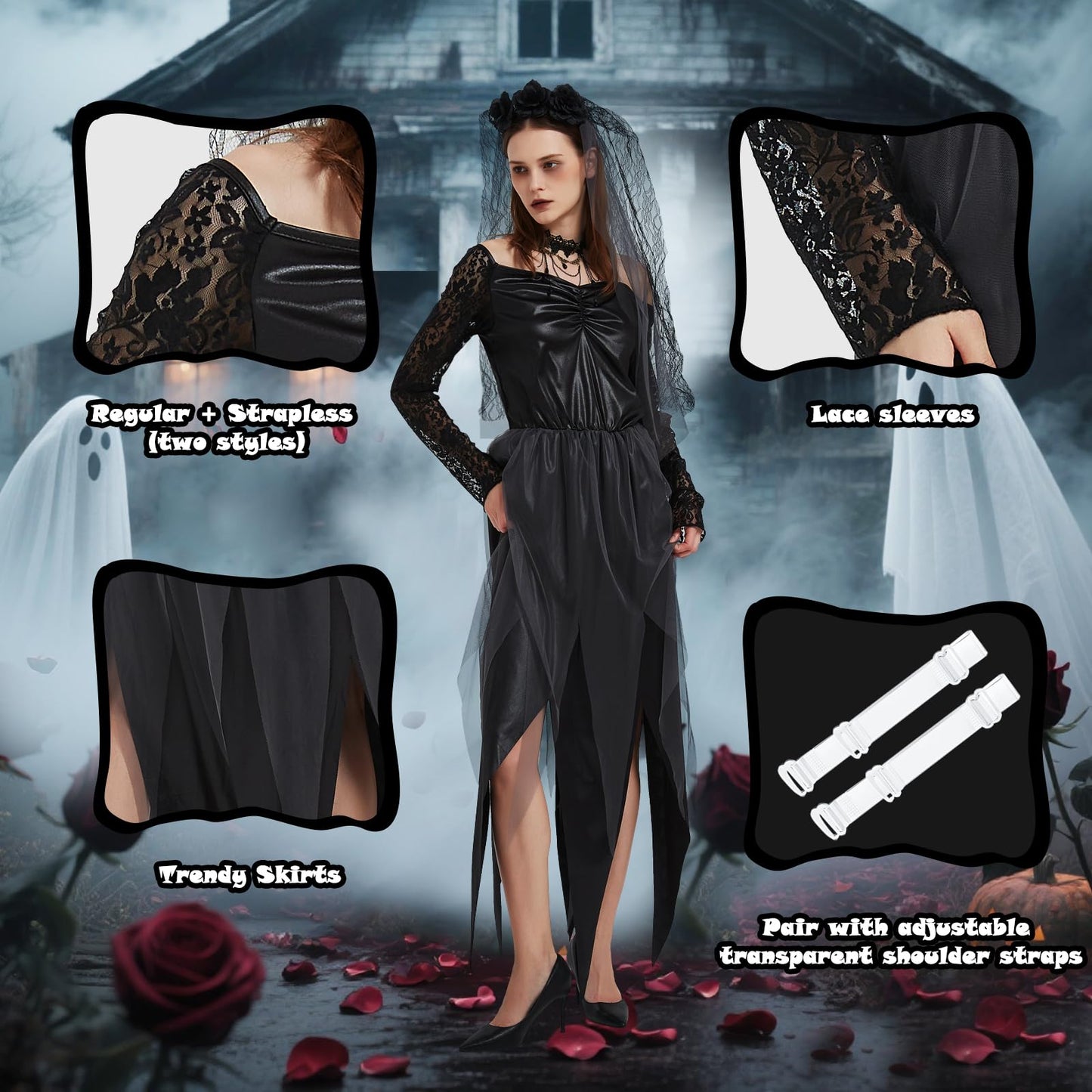 Disfraz de Novia Zombie Mujer, Disfraz de Novia Cadaver, Vestido de Novias Fantasma con Velo y Collar, Vestido Halloween de Mujer, Traje Novias Muerta para Halloween Carnaval Cosplay (M)