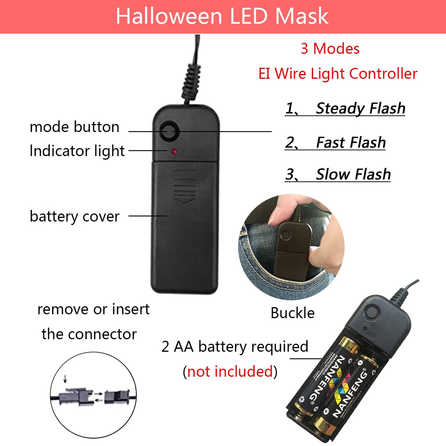DWTECH – Máscara de miedo de alambre con luz LED, para mascarada Cosplay, máscara facial para niños, hombres, mujeres, fiesta de Halloween (Azul)