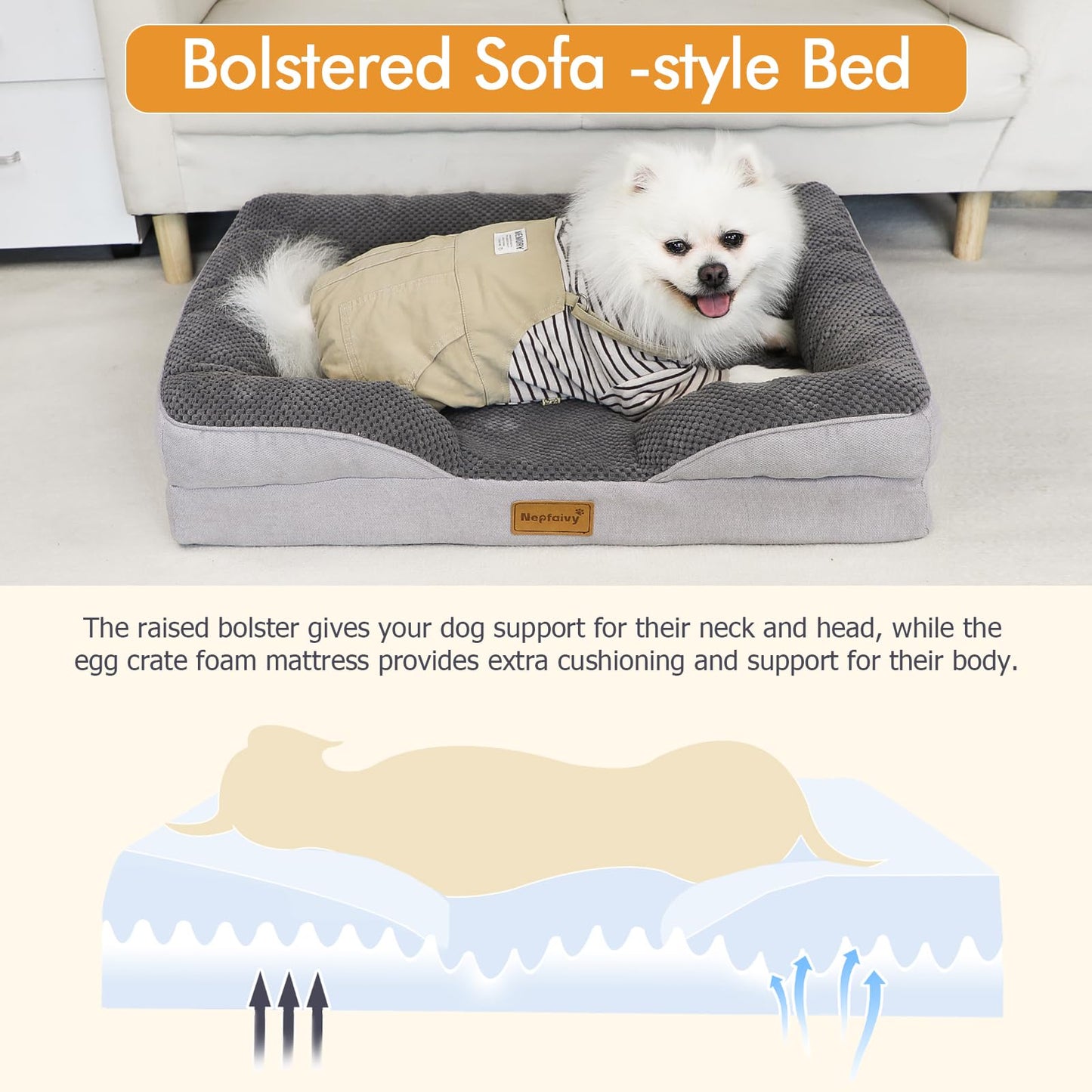 Nepfaivy Cama grande impermeable para perro, ortopédica con cojines de almohada, 91 x 68 cm, sofá cama grande suave para perros con fundas extraíbles y lavables, color gris oscuro