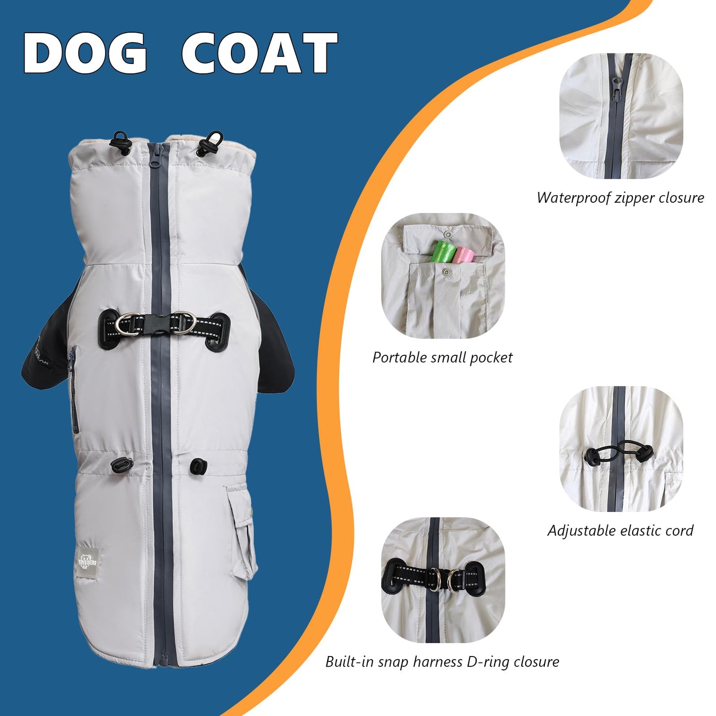 Abrigo para Perros de Invierno, Impermeable, Resistente al Viento, Con Forro de Terciopelo, Arnés, Hebilla de Anillo en D, Cordón Ajustable y Cremalleras Reflectantes