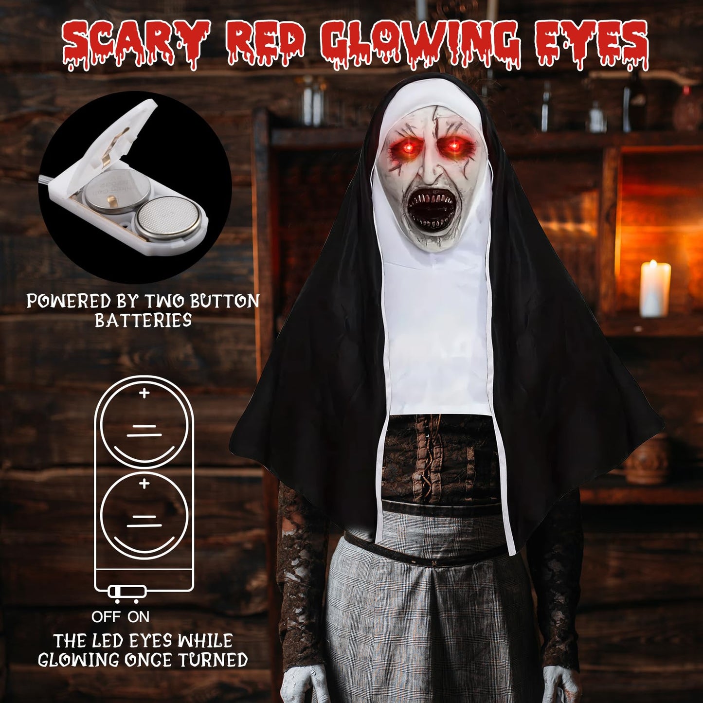 Disfraz Mascara la Monja, Mascara de la Monja Terror con Luz Roja, Mascara Latex Halloween, Adulto, Accesorios de Disfraz de Fiesta Cosplay de Halloween