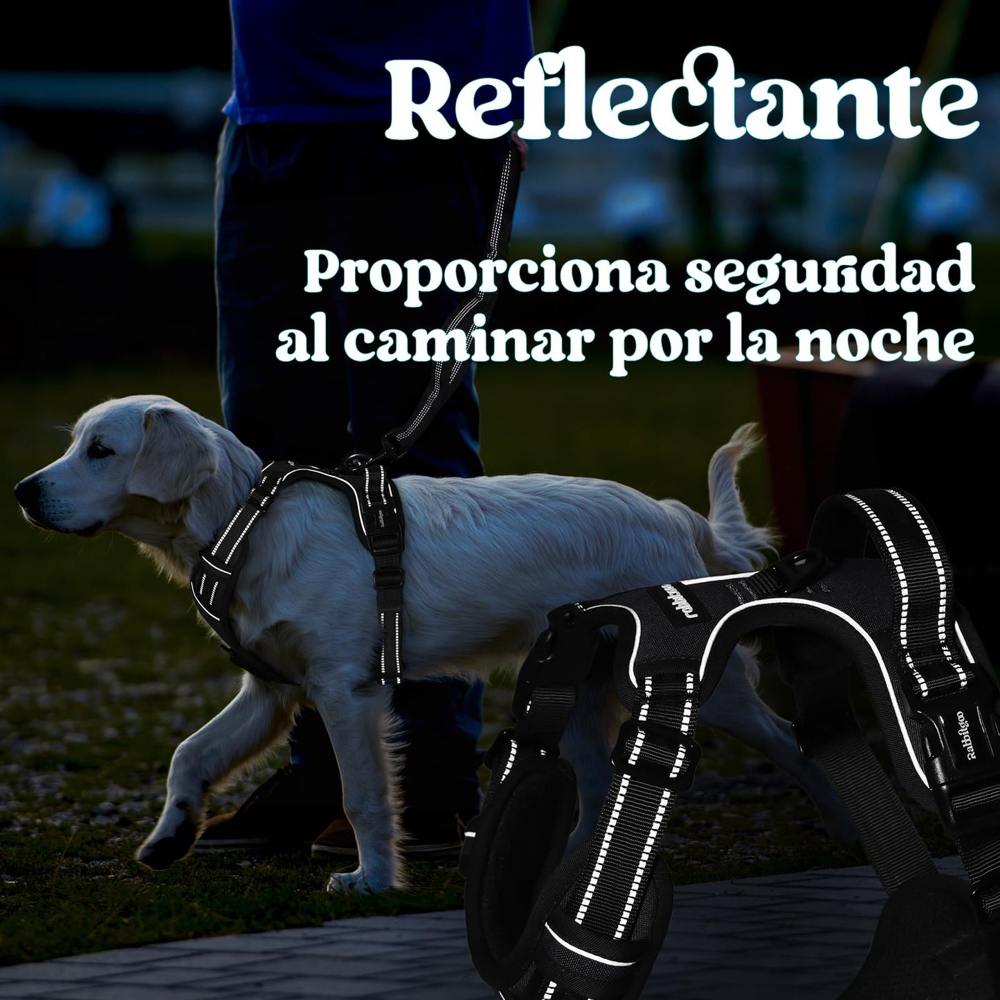 rabbitgoo Arnes Perro Mediano con 3 Hebillas, Liberacion del Cuello, Arnes Perro Ajustable con Asa y Clip Frontal, Arnés Antitirones para Perros Reflectante para Adiestramiento Correr, Negro, L