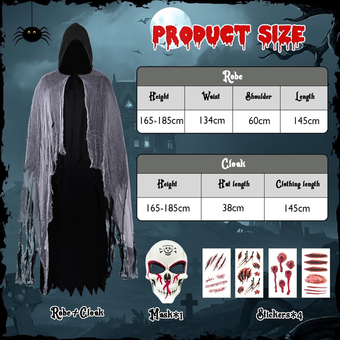 Disfraz de Parca para Hombre, Costume da Fantasma per Halloween con Máscara y Pegatinas, Disfraz Miedo Adulto Nero, Costume Espeluznante per Halloween, Carnevale, Festa di Hallowee,Cosplay