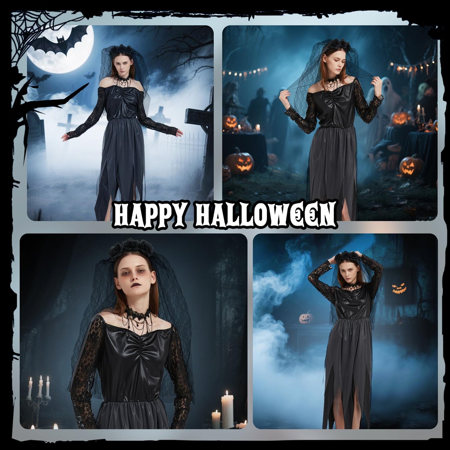 Disfraz de Novia Zombie Mujer, Disfraz de Novia Cadaver, Vestido de Novias Fantasma con Velo y Collar, Vestido Halloween de Mujer, Traje Novias Muerta para Halloween Carnaval Cosplay (M)