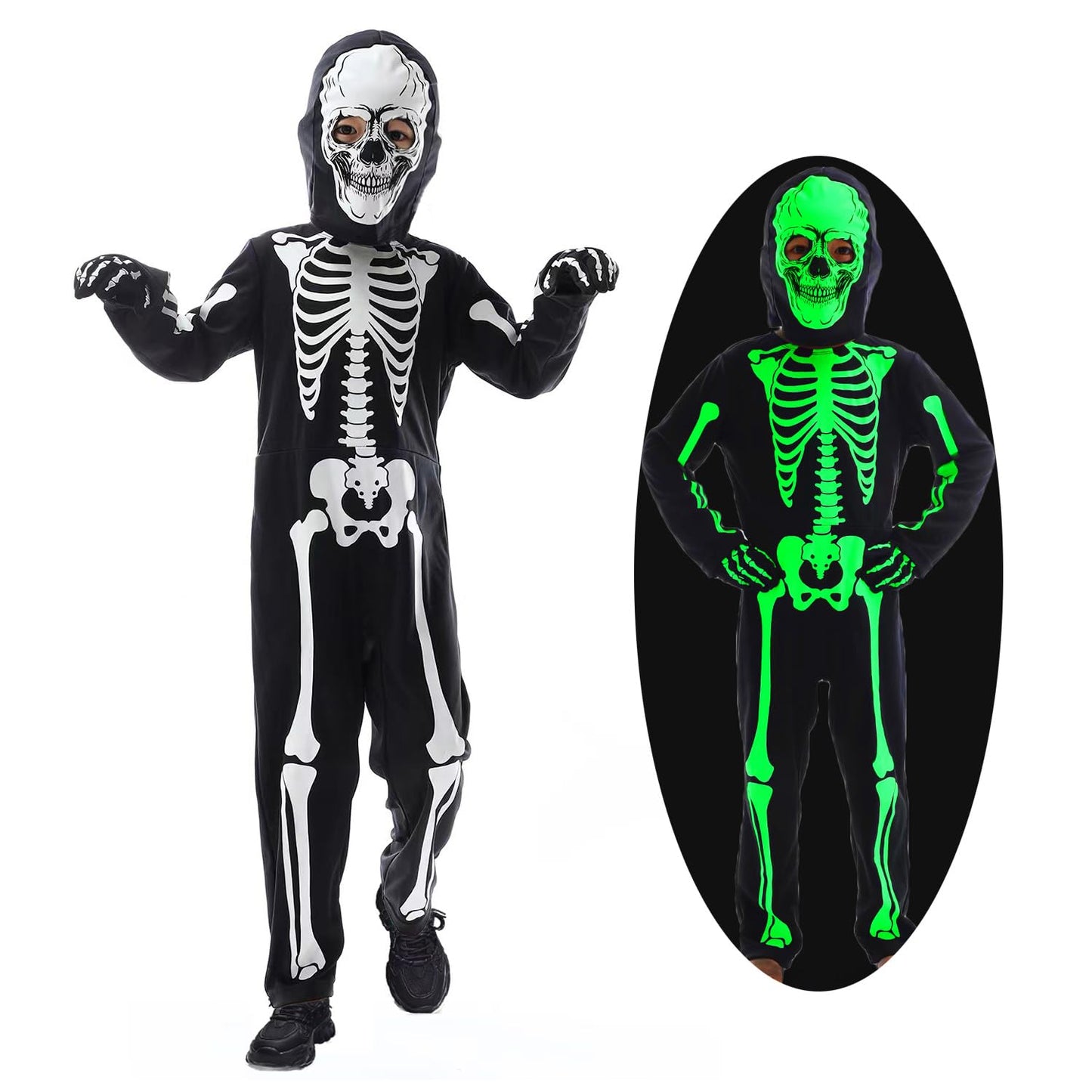 Disfraz de Esqueleto para Niños que Brilla en la Oscuridad Niño Niña Halloween Terrorífico Body con Capucha de Esqueleto Guantes,3/5 Años