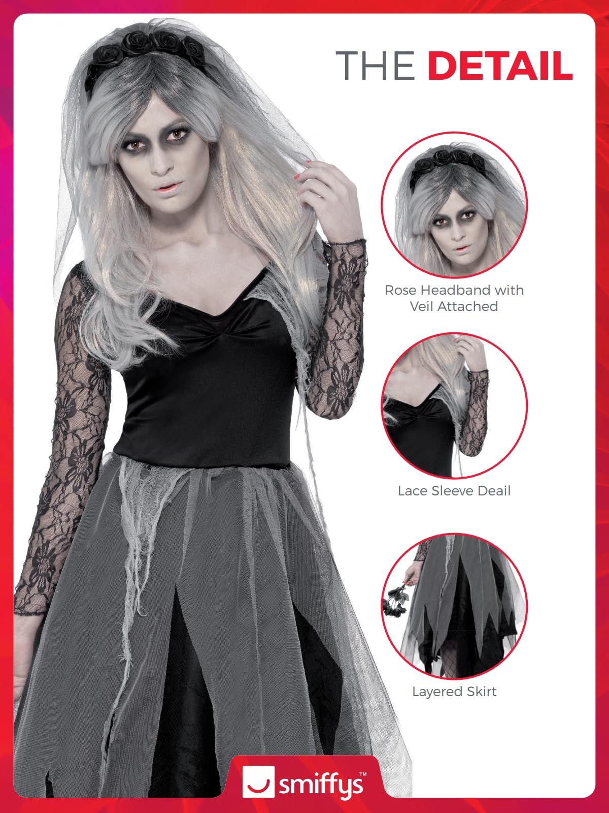 Disfraz de novia de cementerio, con vestido y velo con rosas Halloween