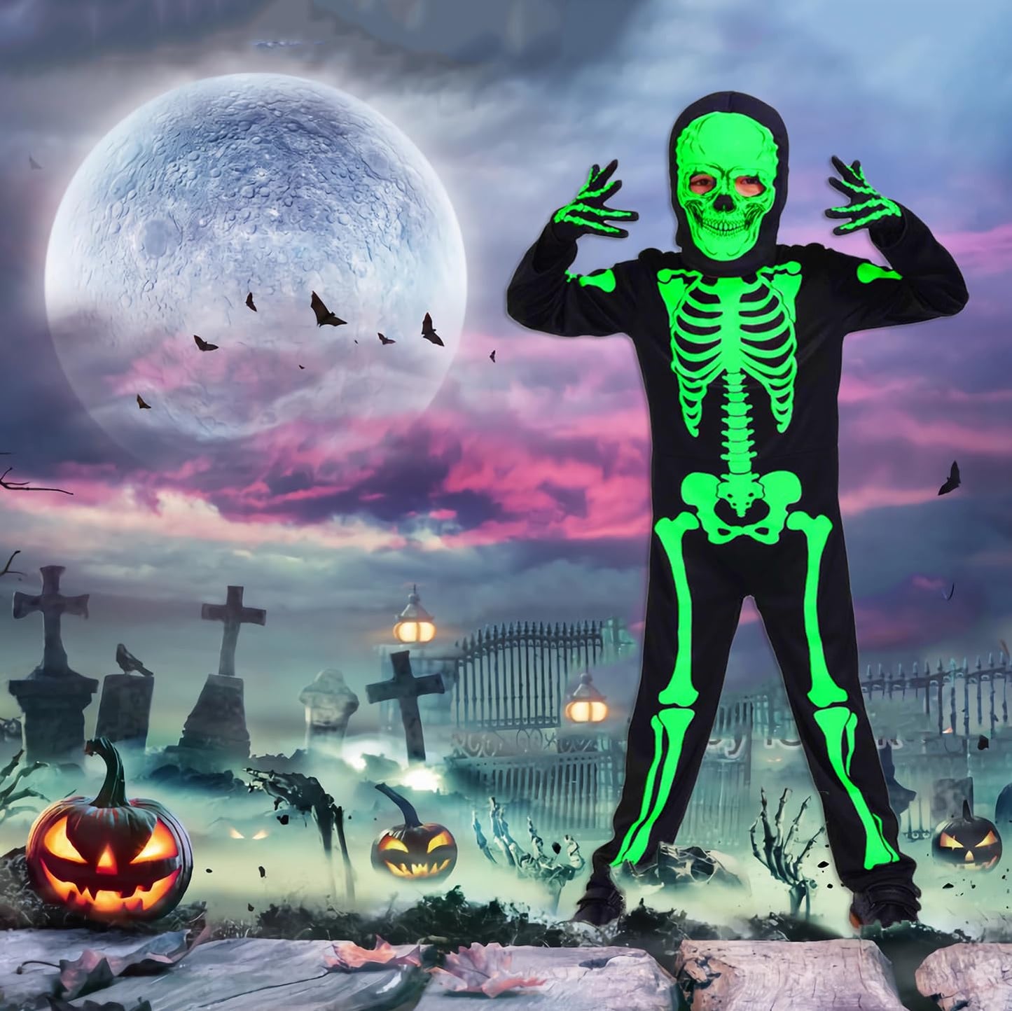 Disfraz de Esqueleto para Niños que Brilla en la Oscuridad Niño Niña Halloween Terrorífico Body con Capucha de Esqueleto Guantes,3/5 Años