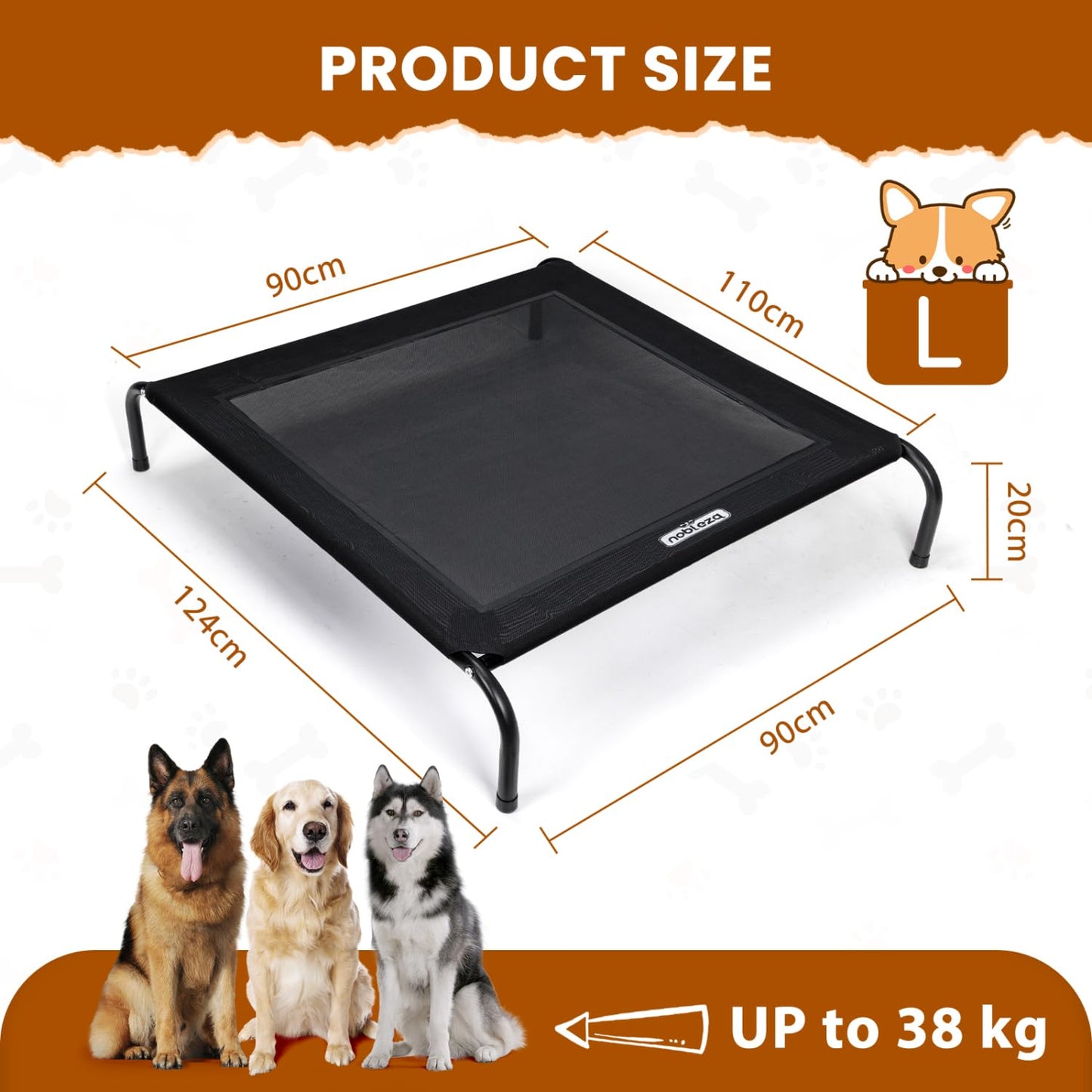 Cama Elevada Perro, Cama Refrescante Perro, Cama de Mascotas Transpirable para Exterior Interior Jardín Terraza, Cama Perro Robusto Lavable, Negro, L, 124x90x20CM