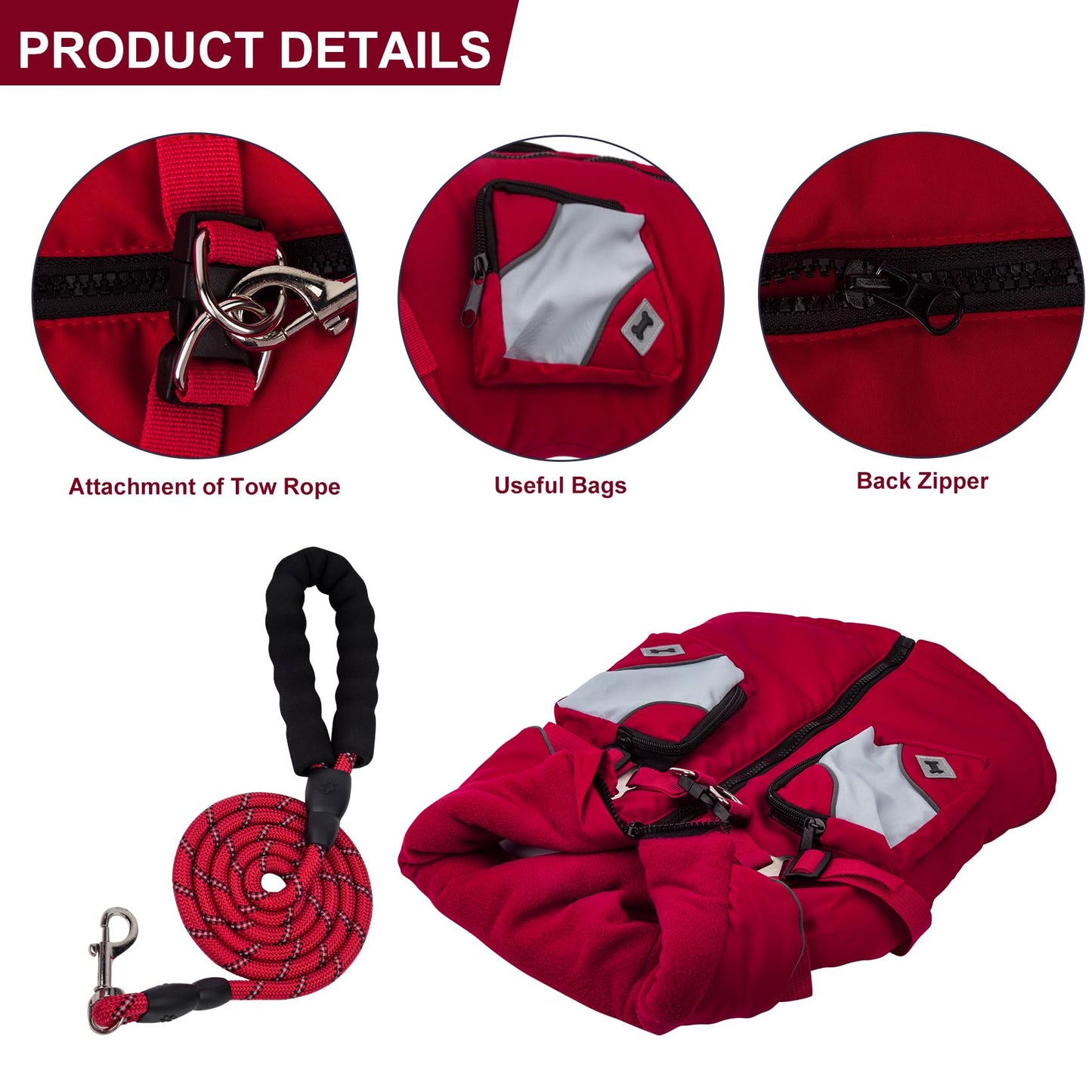 Abrigo para Perro Pequeño con Correa, Chaqueta de Invierno, Regalos (XXL, Rojo)