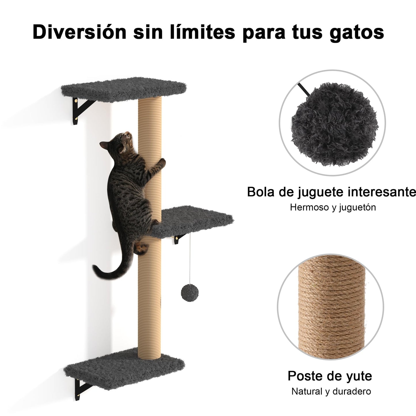 FUKUMARU Set de Pared de Escalada para Gatos, 4 Piezas - Estanterías de Pared, Hechas de Placas Multicapa Fuertes, Puente para Gatos, Árbol para Gatos, Escaleras para Gatos hasta 18 kg, Gris