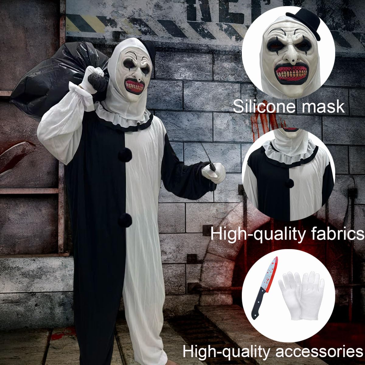 Disfraz Terror Payaso Asesino,Disfraz de Payaso Terrifier,disfraz de payaso asesino con máscara,para Halloween,mascarada, cosplay, (Niños-L)