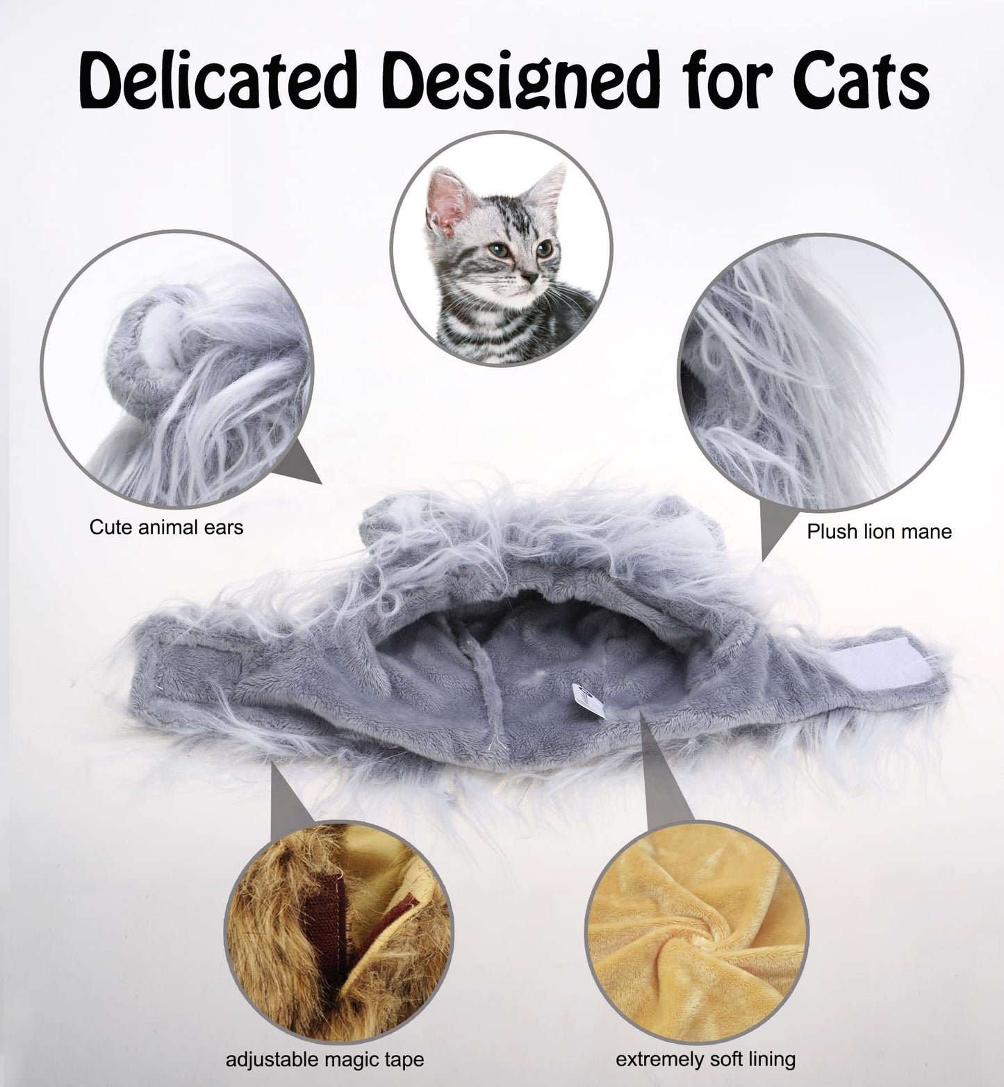 Disfraz Peluca de melena de león para gatos y perros, divertidos disfraces de gato para Halloween, Navidad, accesorios de ropa para mascotas peludas (S, gris)