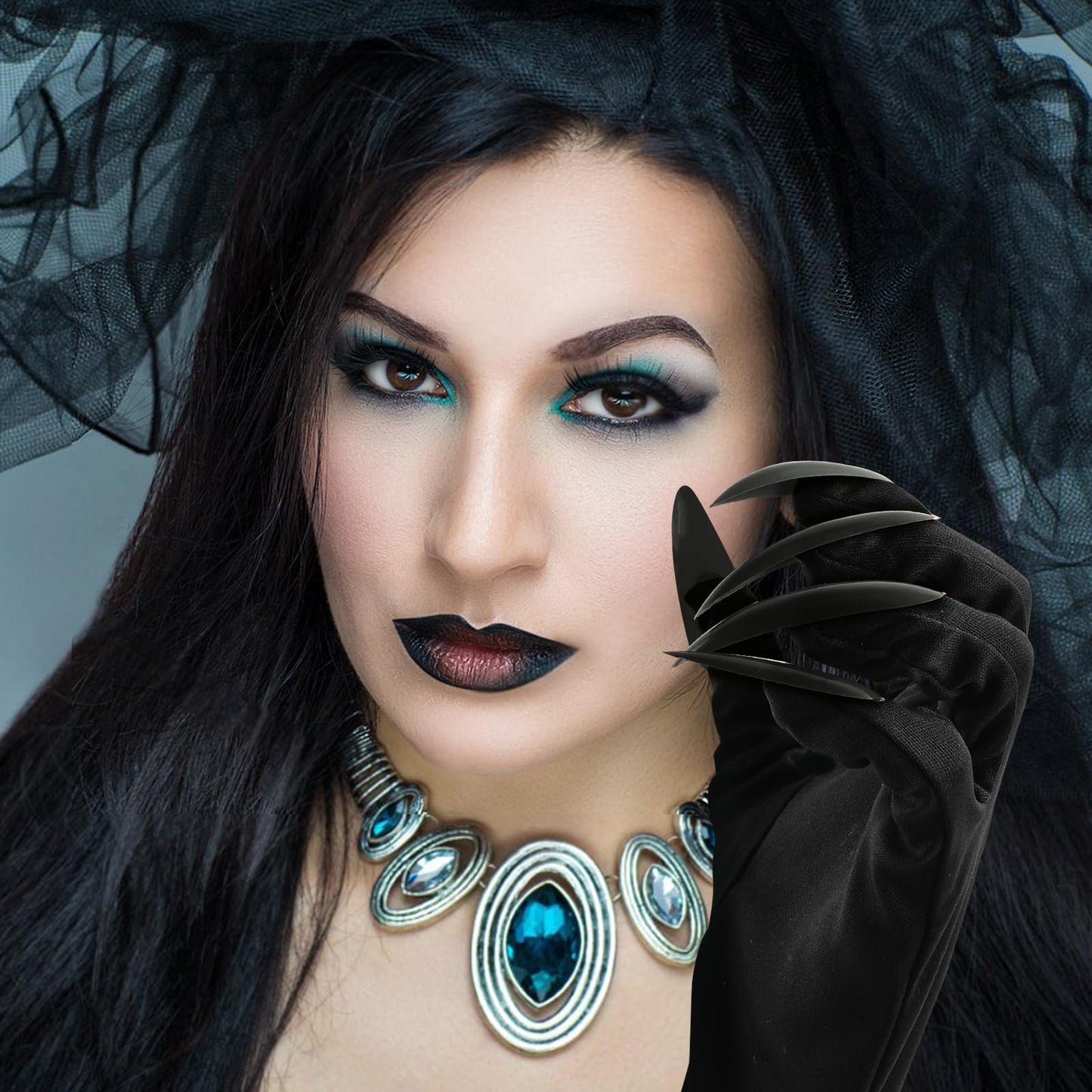 Disfraz 1 Pares Guantes Uñas Largas, Guantes Halloween, Guantess con Uñas Largas, Guantess Largos Negros, Guante Negros Largos Mujer, Guante Garras para Halloween, Cosplay, Carnaval, Mascarada