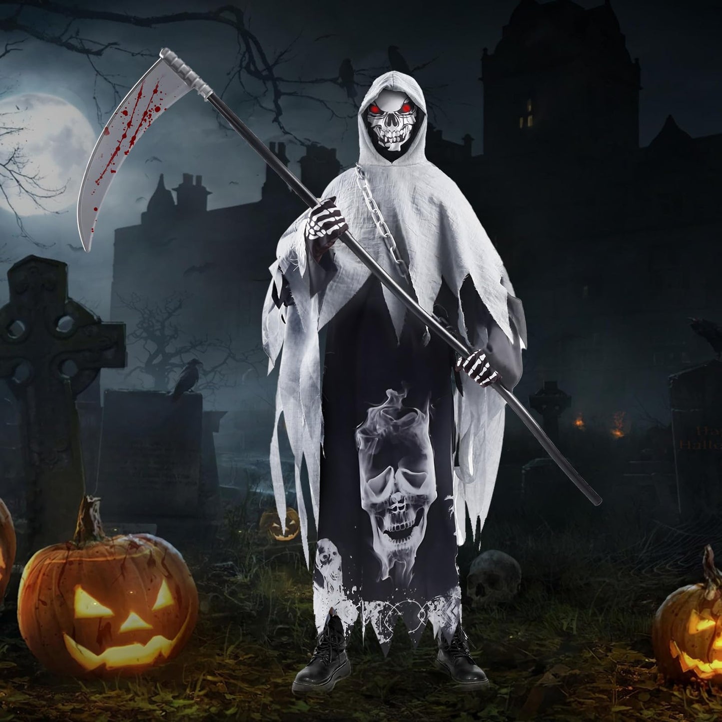 Disfraz de Parca, Muerte Niño, Halloween, Fantasma, Grim Reaper Con Sombrero, Guantes, Hoz, Guadaña para Carnaval Costume Cosplay
