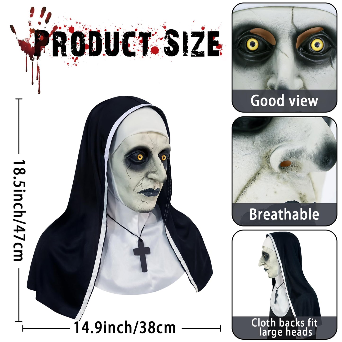Disfraz Orgoue Máscara de Monja Aterradora para Halloween - Disfraz de Látex Espeluznante para Mujeres y Adultos - Cosplay