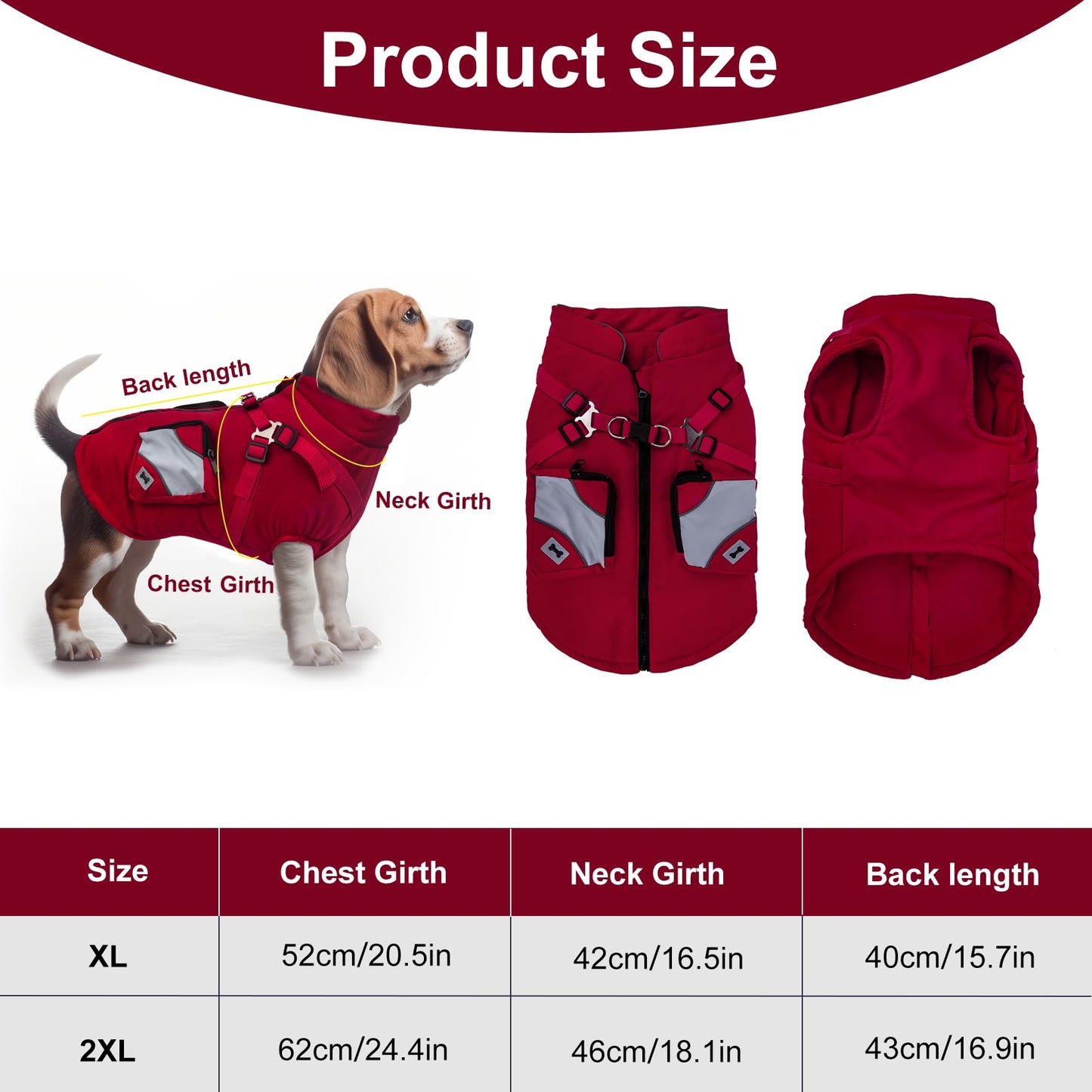 Abrigo para Perro Pequeño con Correa, Chaqueta de Invierno, Regalos (XXL, Rojo)